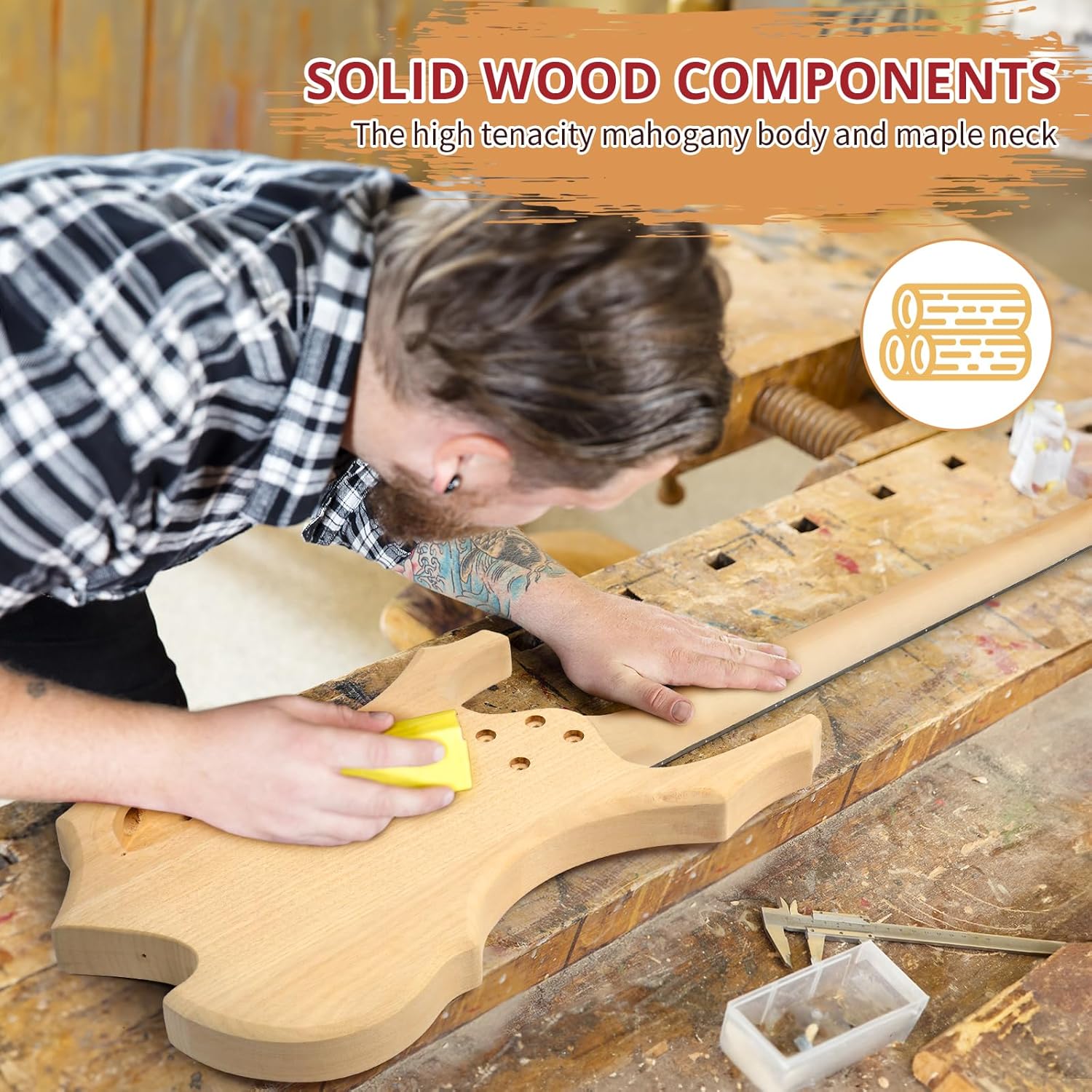 Ktaxon DIY Electric Guitar Kit, 46Inch DIY Bass Guitar Kit with Mahogany Body, Solid Wood Fingerboard and Maple Neck, Easy Installation & All Accessories Included to Build Your Own Guitar(Flame)