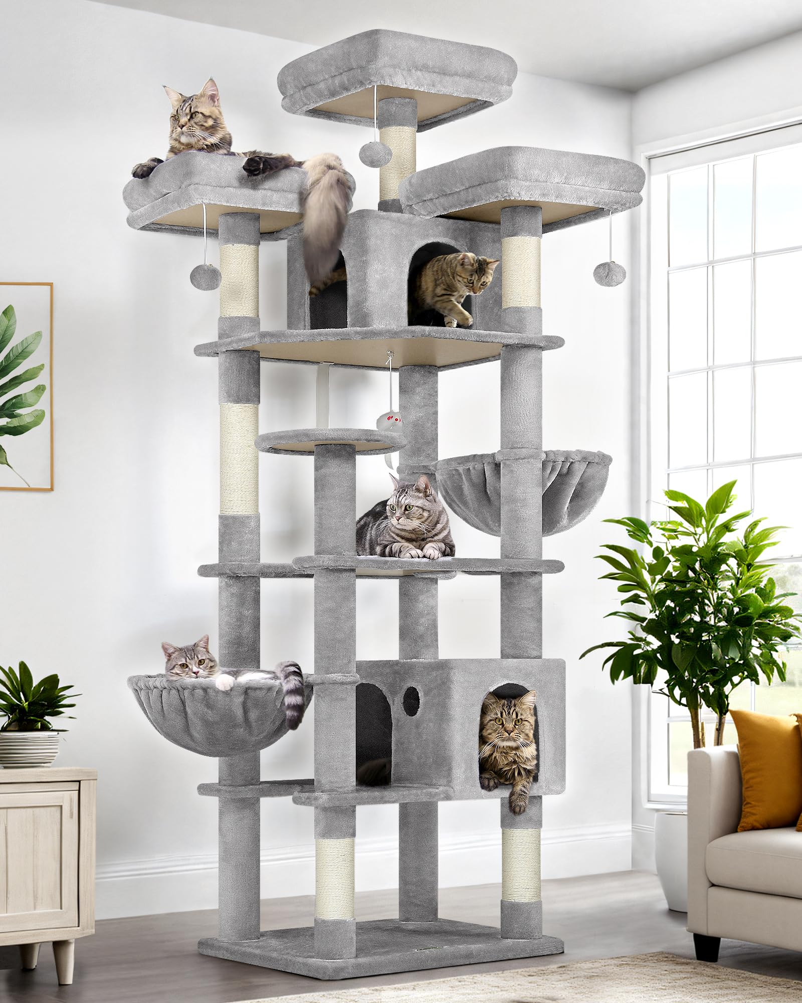 Globlazer Tiragraffi per Gatti XXL 209 cm con 3 Trespoli Imbottiti, 2 Grotte, Grandi Piattaforma, 2 Cestini, Giocattoli in Peluche, Lusso Tiragraffi per 3-5 Gatti Adulti Interno (F82, Grigio Chiaro)
