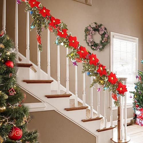 Miniatura 4 de Sggvecsy Guirnalda de flores de pascua de Navidad de 7.1 pies, guirnalda de flores de pascua artificial de terciopelo de Pascua con bayas rojas,