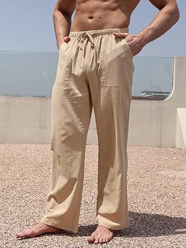 Miniatura 4 de WOWULOVELY Pantalones casuales de lino de algodón para hombre, holgados, ligeros, con cintura elástica, pantalones de yoga, playa, bolsillos