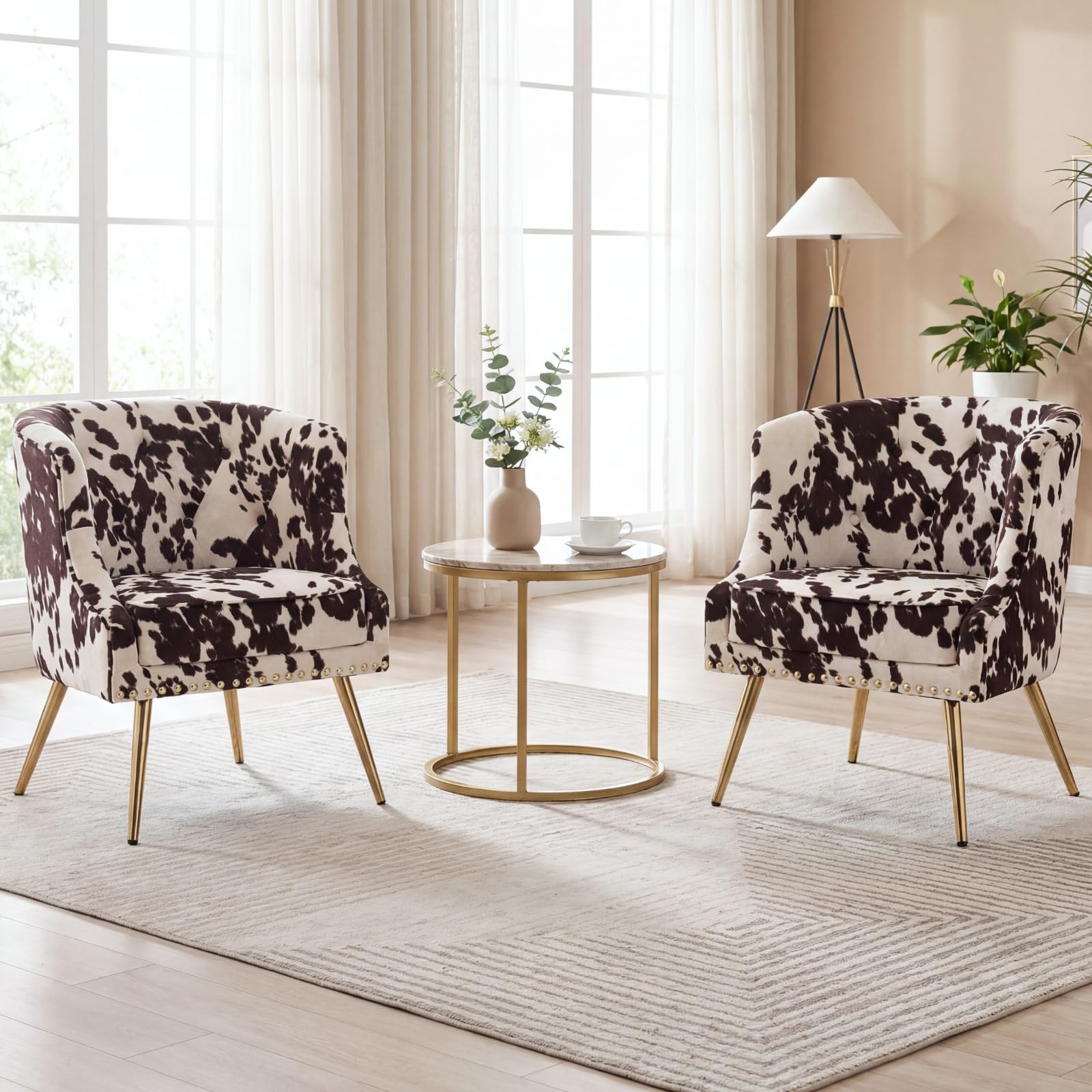 QUINJAY Cow Modern Accent Chairs Set of 2, Velvet Living Room Chairs with Golden Metal Legs, Comfy Armchair Mid Century Chair with Upholstered Cushion