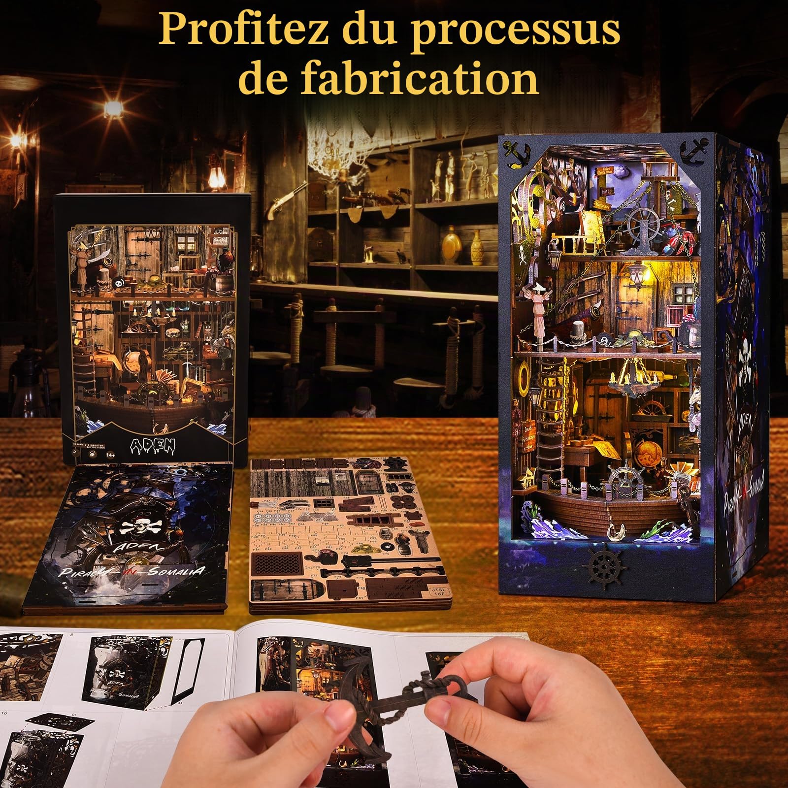 BuzzoXerex DIY Book Nook Kit, Miniatures Nook Bateau Pirate Miniatur Haus Selber Bauen Miniatur Haus Selber Bauen avec Lampes LED, Maquette en Bois a Construire avec Meublé (Aden)