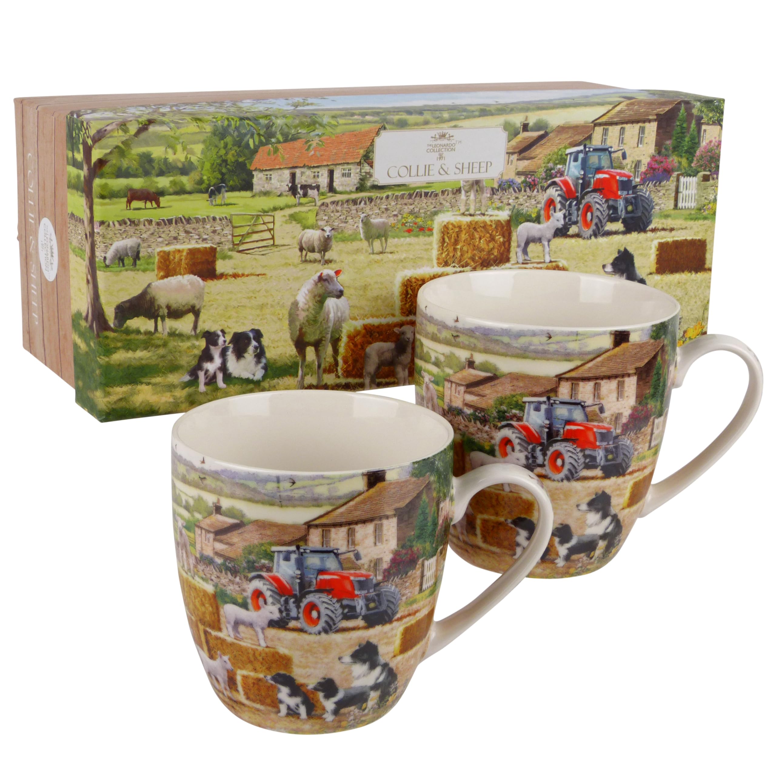 The Leonardo Collection Collie & Sheep Mugs Set Of 2 Set Of 2 China Mugs Collie And Sheep Farm Scene Gift Box