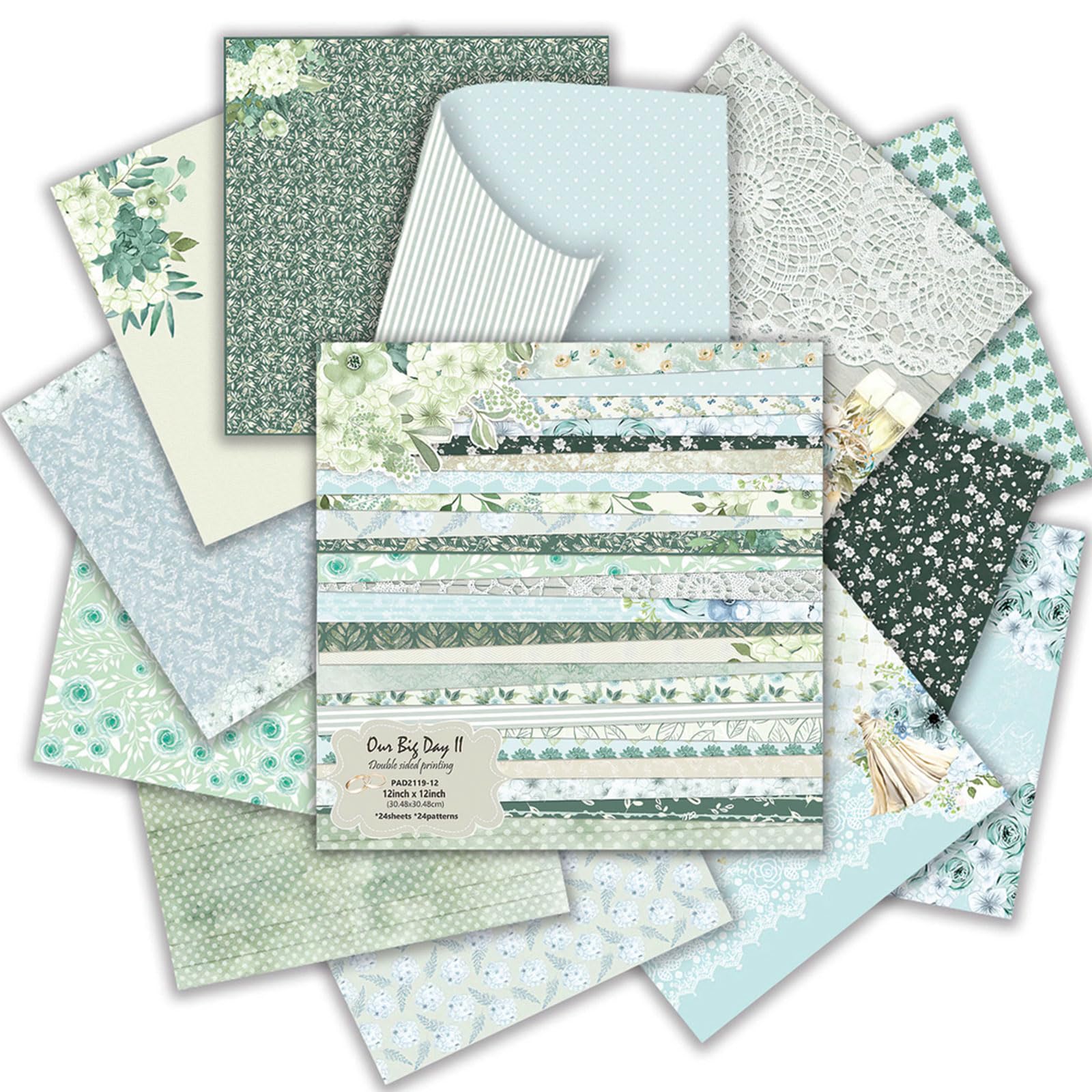 24 Blatt Scrapbook Papier, Doppelseitiges Grün Blumen Hochzeits Motivpapier | 30.5x30.5cm Bastelpapier, 160 g/m² Hintergrundpapier, 24 Designs Dekorpapier zum Basteln für Scrapbooking DIY Kunstprojekt