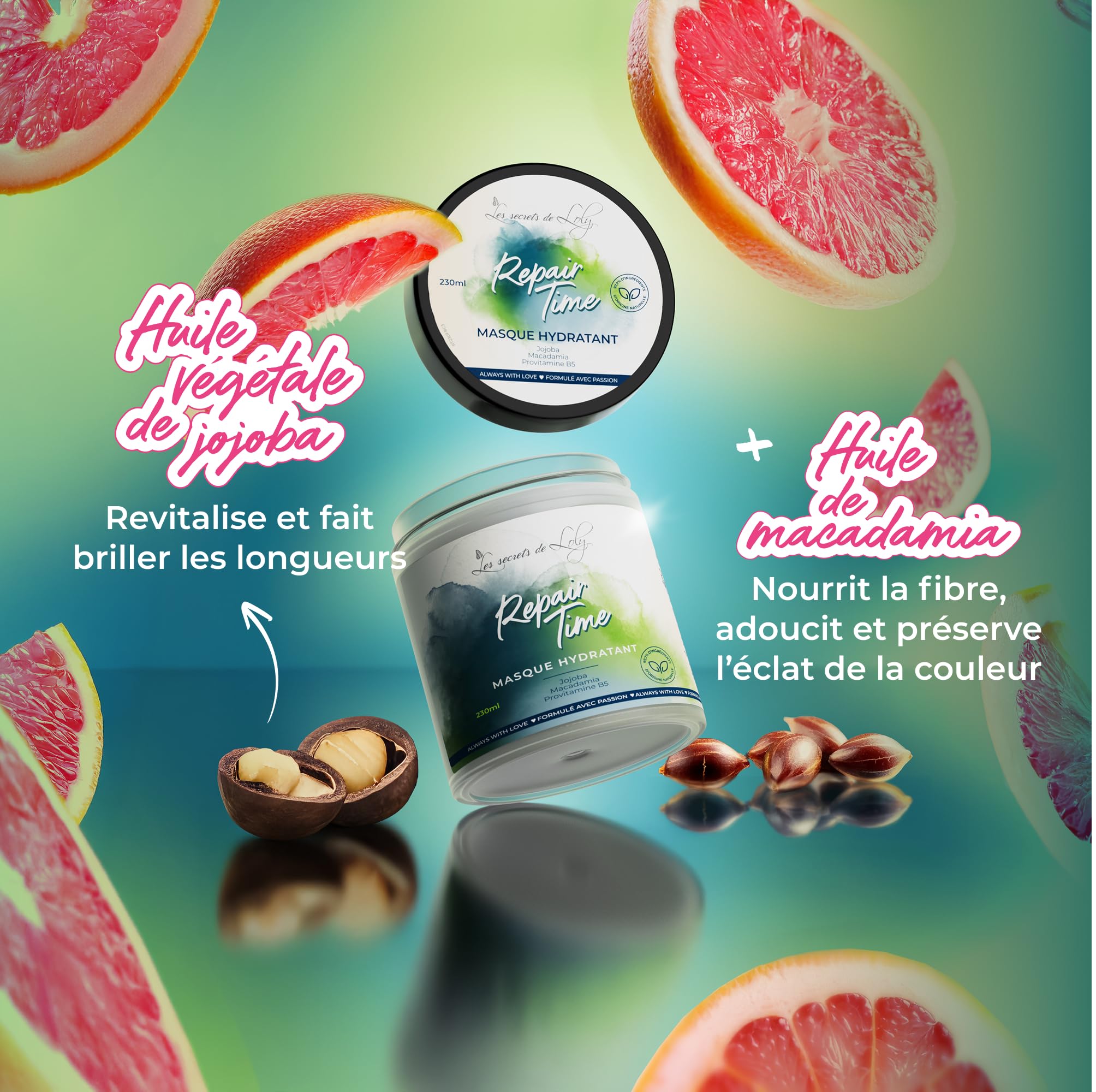 Les Secrets de Loly – Repair Time – Masque hydratant Fortifiant & démêlage facile – Cheveux ondulés, bouclés, frisés et crépus – +96% d'origine naturelle – 230 ml