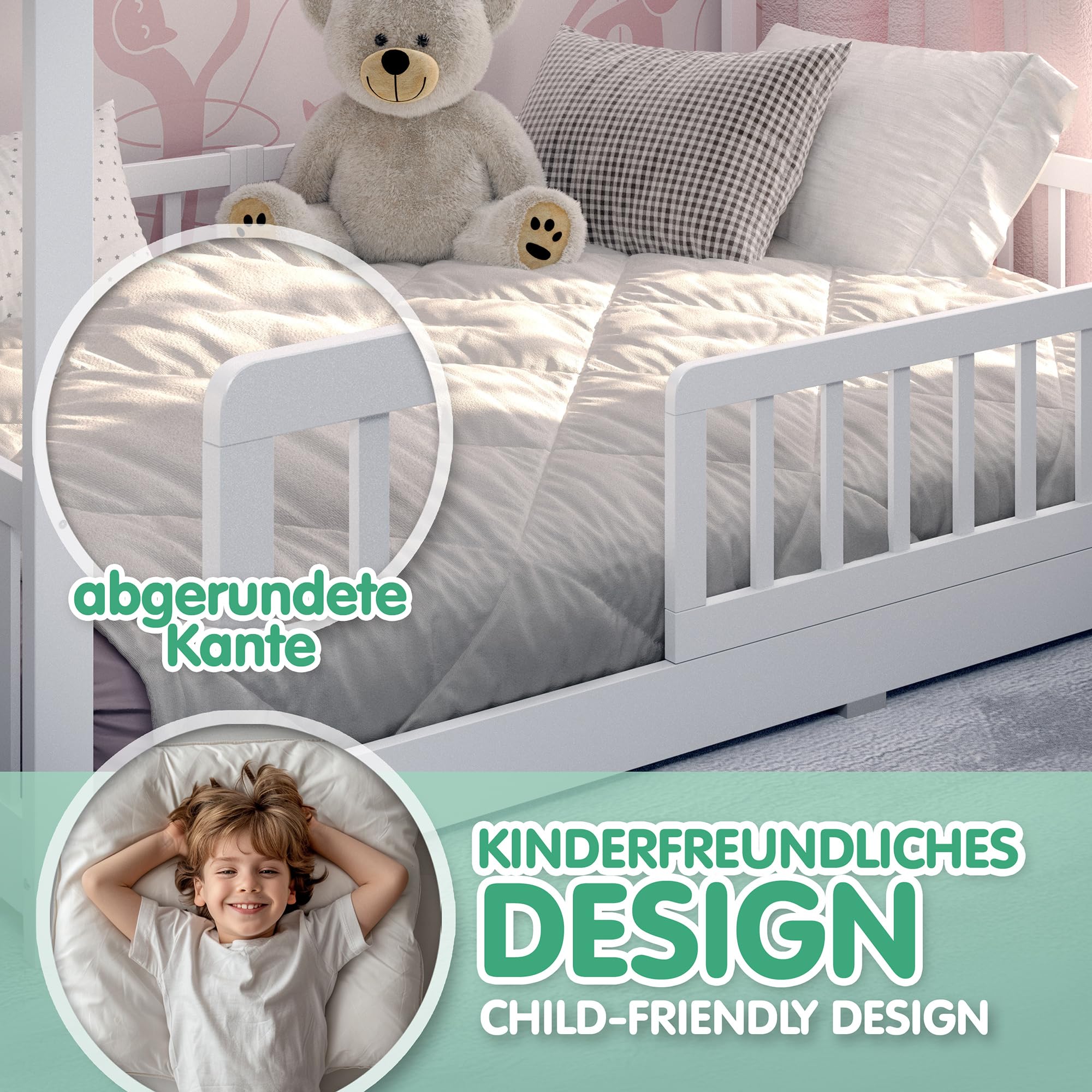 CADANI Malte lit Enfant 140x200 cm – lit cabane avec barrière Amovible, Jusqu’à 200 kg, sommier à Lattes Inclus, lit au Sol Montessori en pin Massif, Blanc