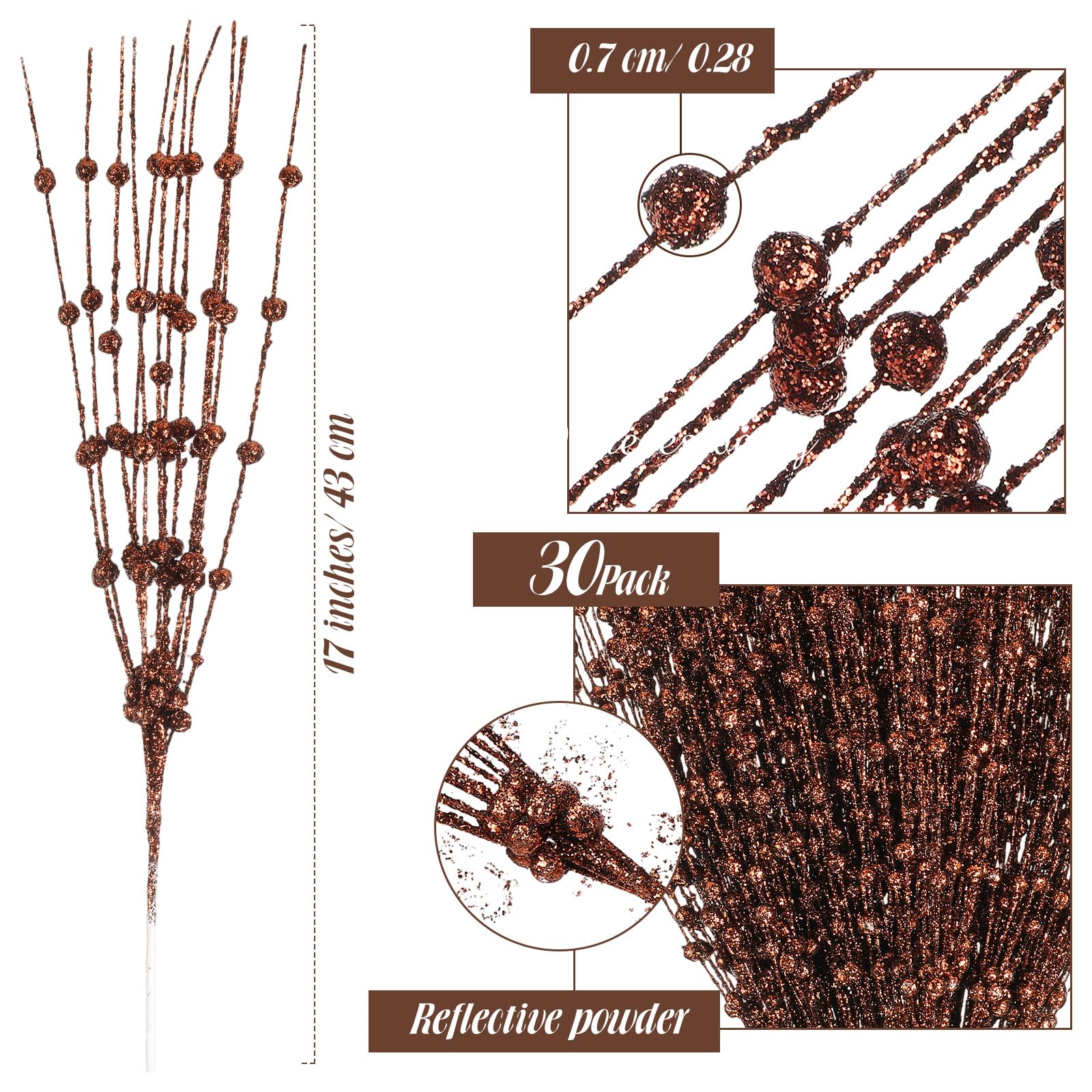 Geosar Künstliche Glitzer-Beerenstiel-Dekorationen, 43,2 cm, Weihnachtsschmuck, Blumenstrauß, Party-Mittelstück, glitzernde Zweige für Hochzeit, Baum, Kranz, Weihnachten, Heimdekoration (braun), 30