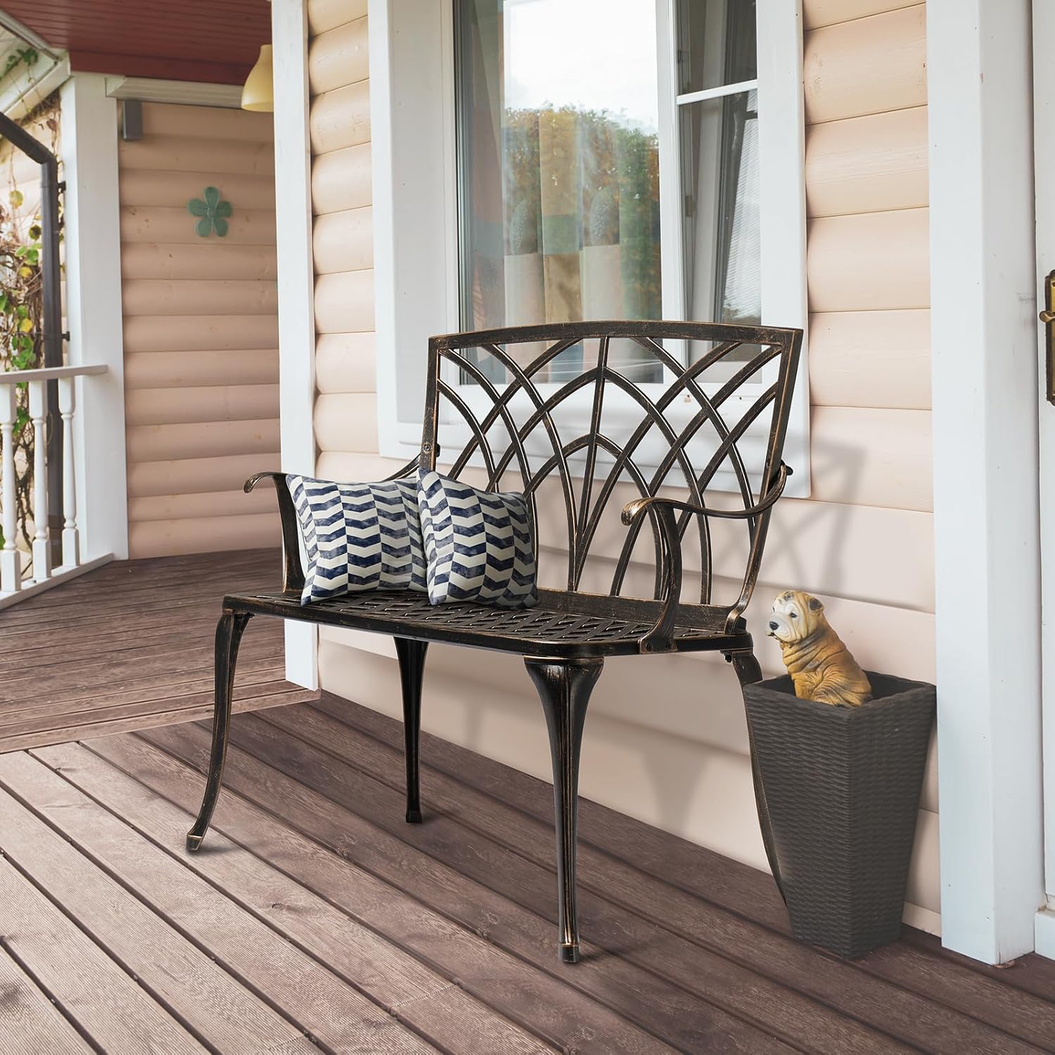 VINGLI 38" Outdoor Metal Bench, Cast Aluminium Garden Bench, Weatherproof Antique Finish Orchid Chair, 1-2 Person Seat Deck Furniture for Porch Entryway Patio (Brown)