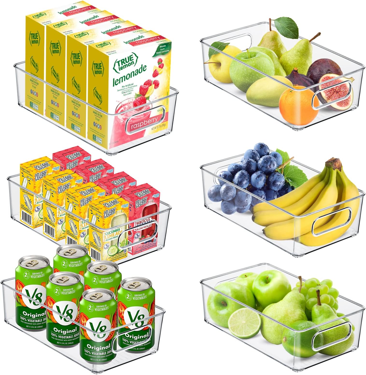 6 Packs Fridge Organisers Bins, Clear Plastic Food Storage Containers with Handles, Perfect Kitchen Organization or Pantry Storage, for Freezer, Kitchen, Countertops, Cabinets