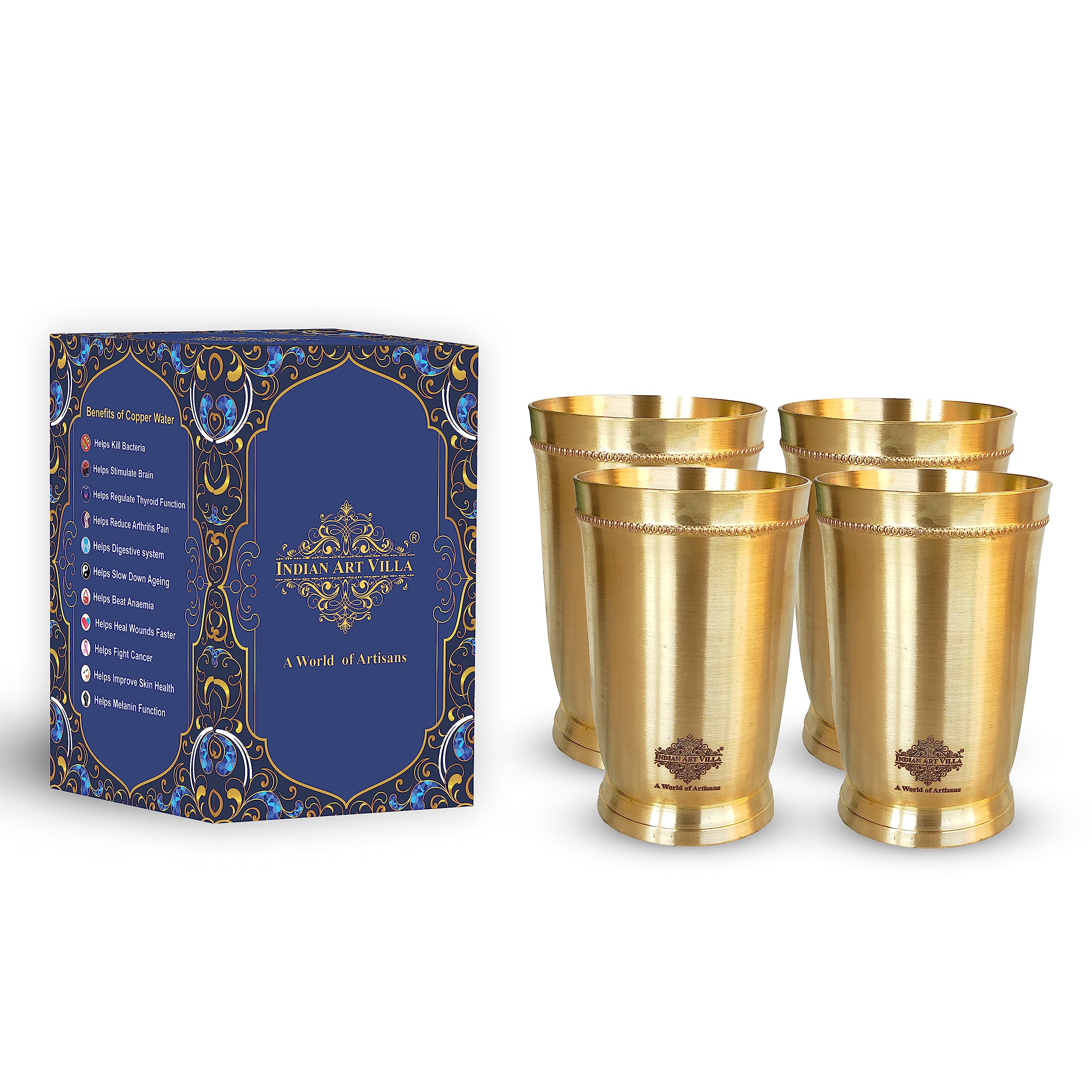 INDIAN ART VILLA Pure Brass Matt Finish Glass/Tumbler with Brass Bottom, for Drinking Serving Water, Yoga & Ayurveda, Volume-250 ML, Set of 4