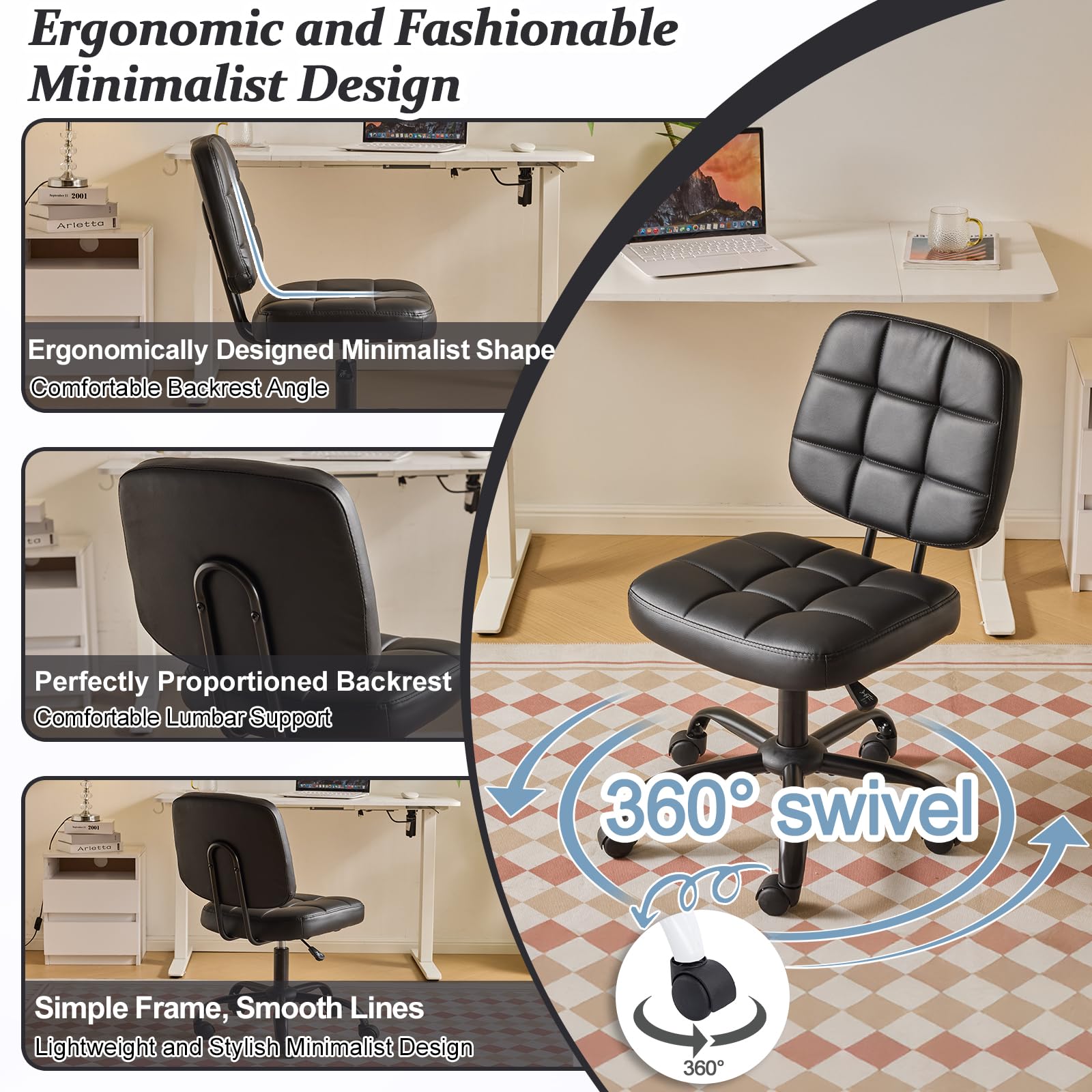 Bonnlo Silla de Oficina con Ruedas, Asiento Cómodo y Giratorio, Regulable en Altura, Ideal para Ordenador y Jornada de Trabajo, Negro