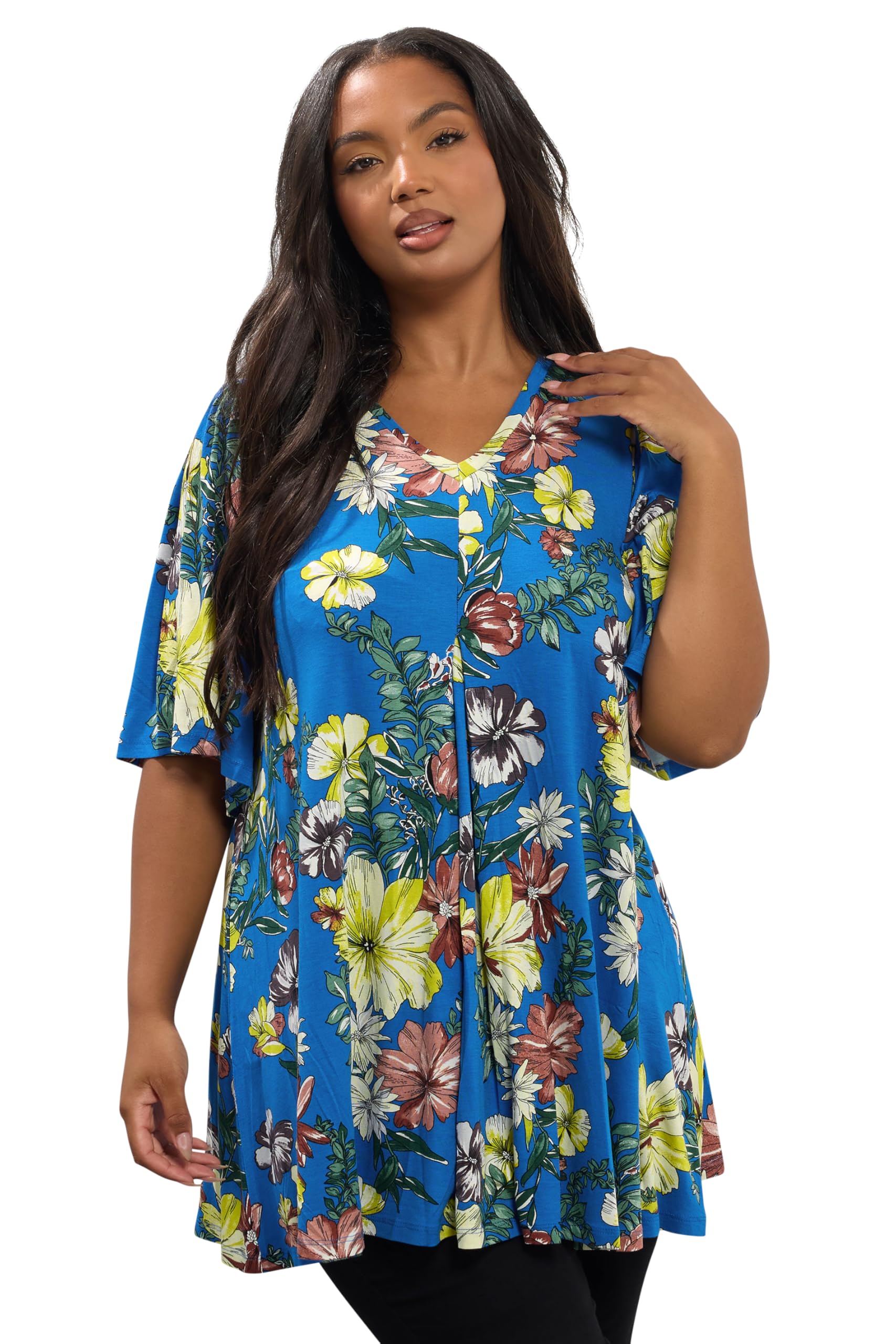 Yours Women's Floral Print Pleat Front Top in Blue | Size: 22-24
