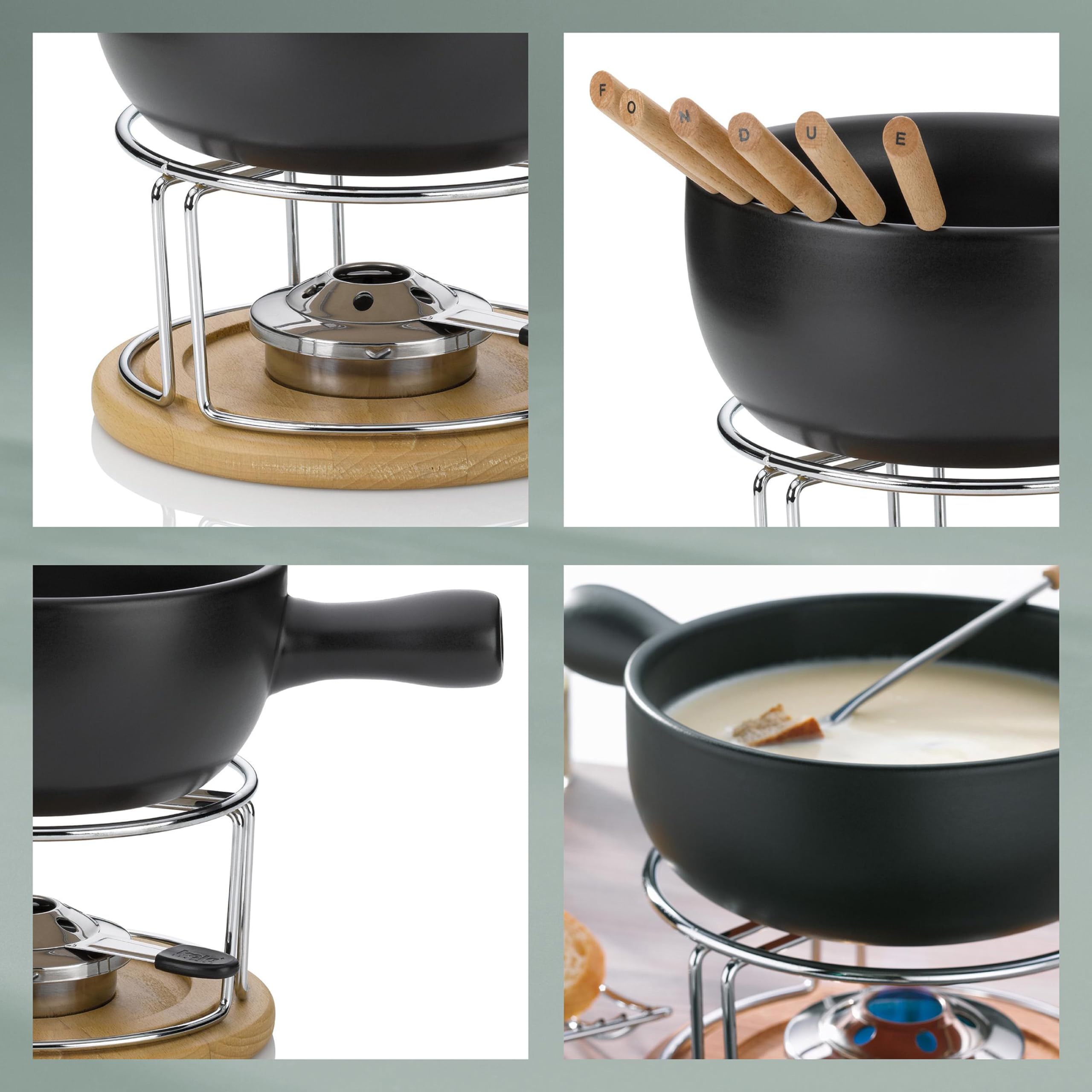 kela Käsefondue Set 10tlg, Keramik Fondue für 6 Personen NATURA, Käse Fondueset mit Brennpastenhalter, Gabeln, Gabelhalter