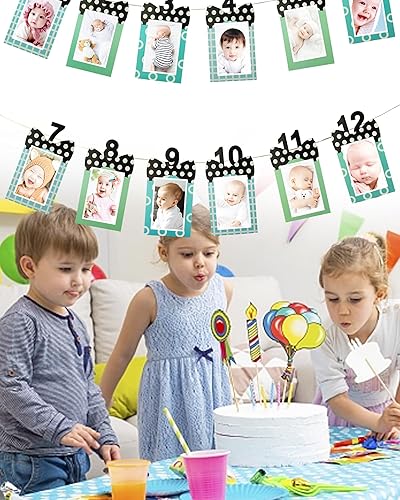 Miniatura 6 de Cartel de fotos de primer cumpleaños, 12 piezas de decoración de cumpleaños de un año con temática de lazo, decoraciones de primer cumpleaños para