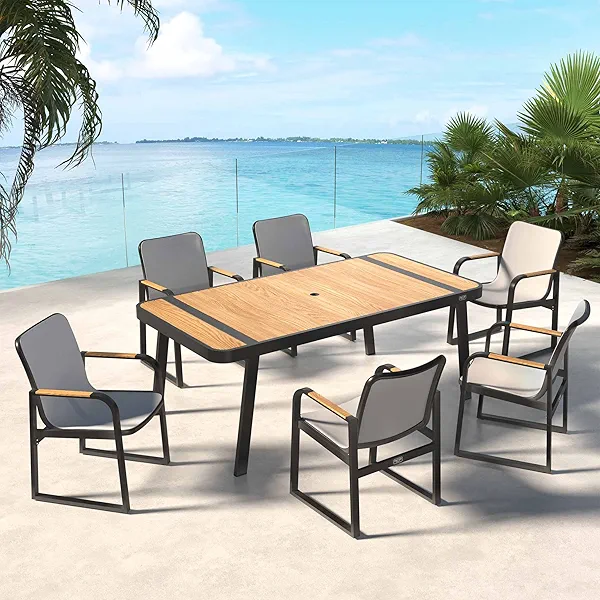 EAST OAK Signature 7 Pieces Outdoor Dining Set, Patio Furniture Set with Finest Teak Wood, Powder-Coated Aluminum Frame Table,Patio Dining Set for Garden,Backyard and Porch, Dark Grey
