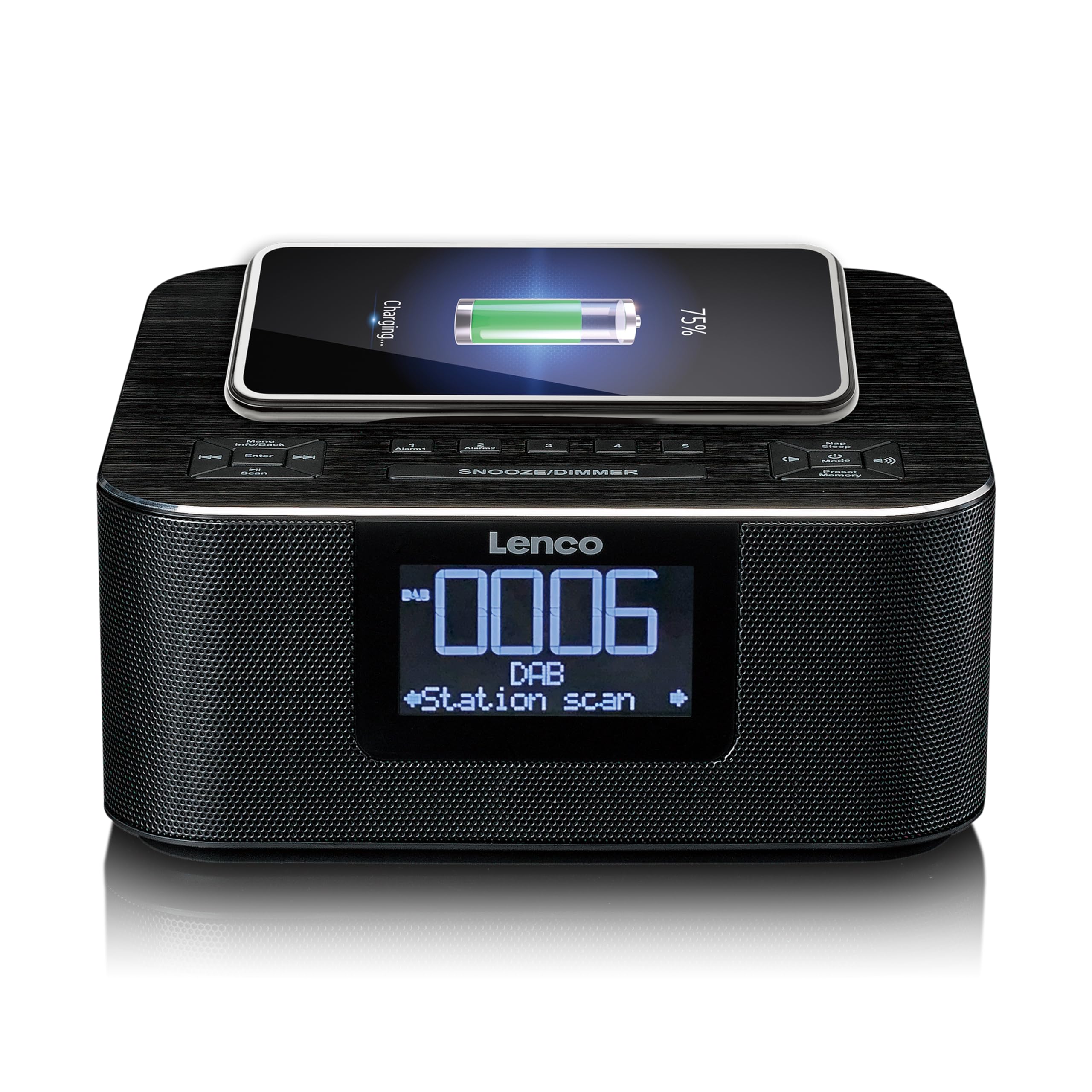 Lenco CR-650 DAB+ Radiosveglia – Radio per orologi con DAB+ e FM – 20 stazioni – Funzione snooze – 2 x 2 Watt RMS – LCD – USB e caricatore QI – nero