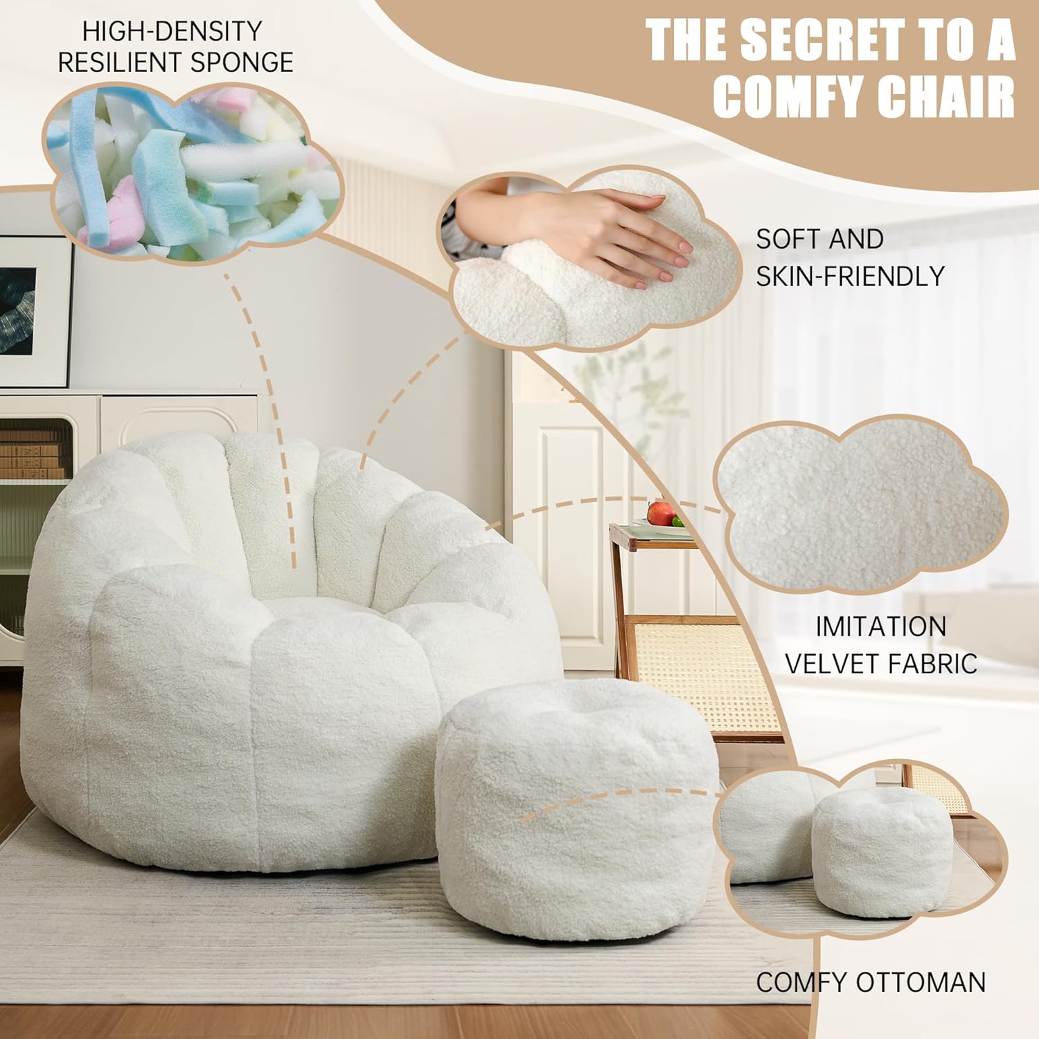 Bean Bag Chair for Adults, Gaint Beanbag Chair with Ottoman, Comfy Lazy Bean Bag Reading Chair for Living Room, Bedroom, White