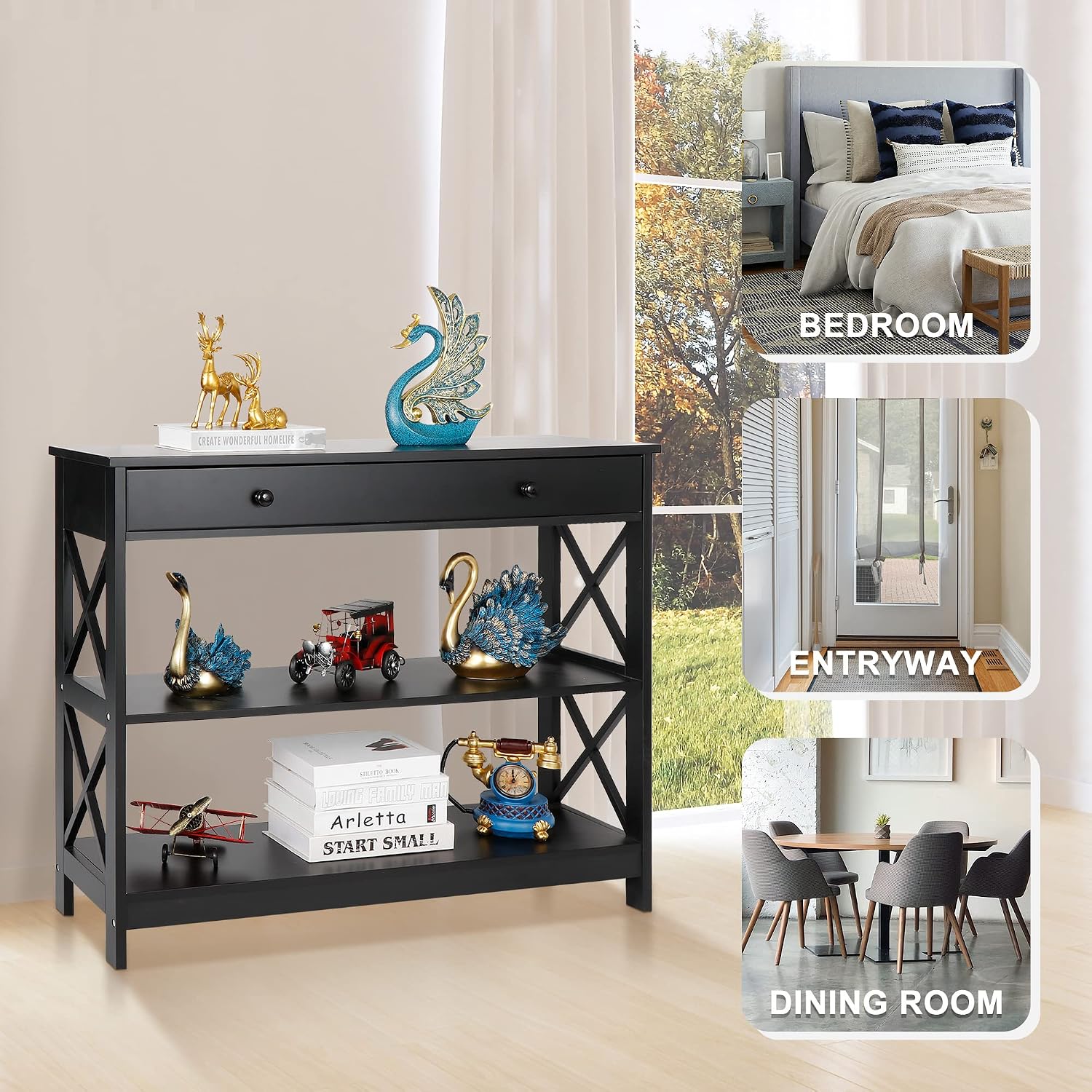SUPER DEAL 3-Tier Narrow Console Table with 1 Drawer Storage Shelves, 39 Inch Wood Modern Sofa Table for Entryway Living Room Bedroom Couch Hallway, X Frame Design, Black