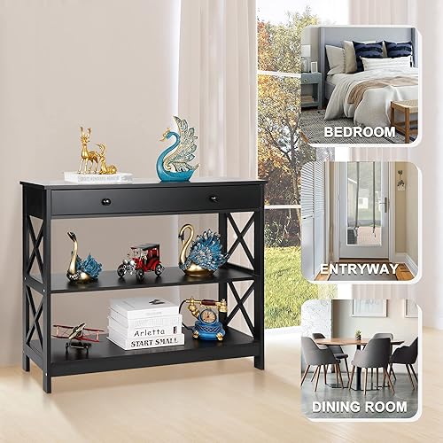 Miniatura 5 de SUPER DEAL Mesa consola estrecha de 39.5 pulgadas, mesa de entrada de 3 niveles, mesa auxiliar con cajón y estantes de almacenamiento para pasillo,