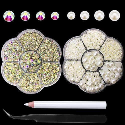 HINABTRU Diamantes de imitación de parte trasera plana medias perlas cuentas de perlas y piedras gemas tamaño mixto perlas y diamantes de imitación