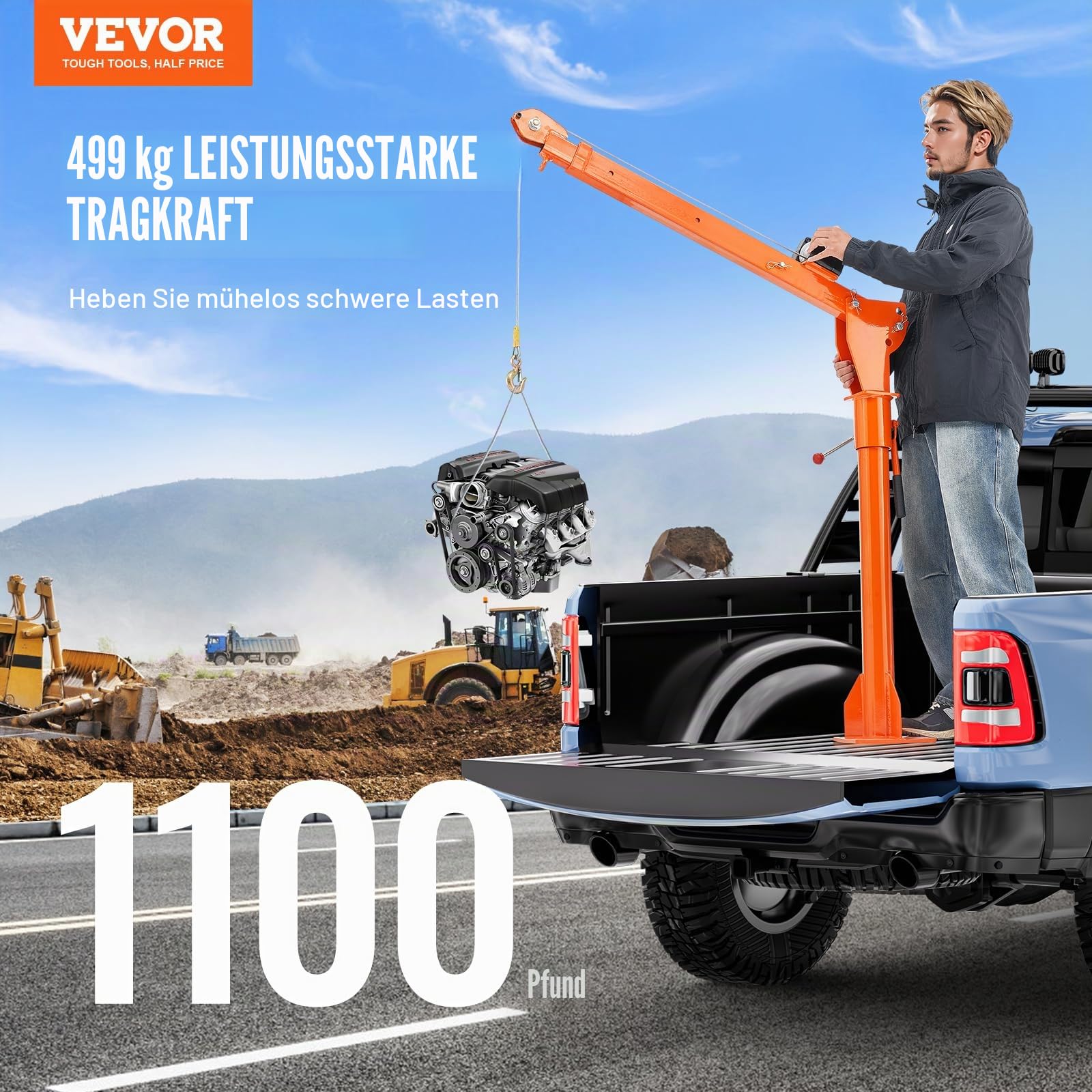 VEVOR Ladekran elektrisch, 499kg, Pickup-Kran mit elektrischer Seilwinde 1587 kg, Hebekran aus Stahl für Pickup-Trucks, 360° schwenkbar, zum Heben von Gütern auf der Baustelle oder in der Fabrik