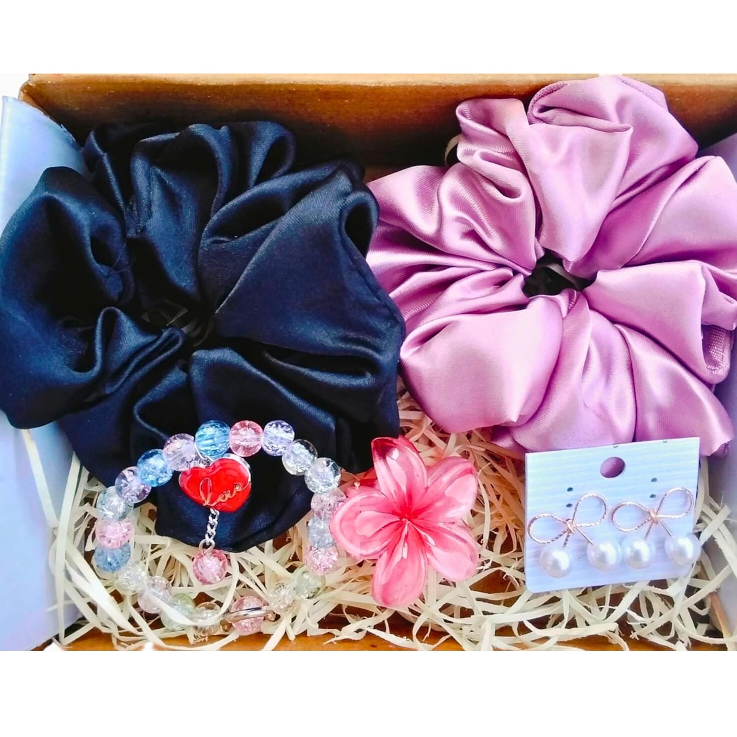 Mei & More Gift Combo for Girls & Women – Scrunchie, Bow Hair Claw, Flower Clip, Beaded Charm Bracelet & Korean Pearl Earrings | Cute Birthday Gift Hamper for Sister & Best Friend