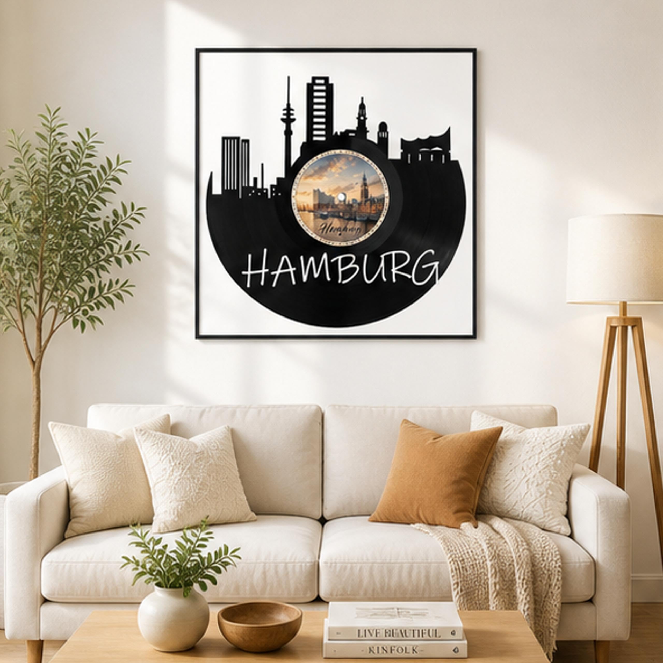 EVEVO Dekoracja ścienna z płyty gramofonowej w ramie 32 x 32 cm Hamburg – winylowa sztuka ścienna Hanzestadt prezent dla fanów Hamburga