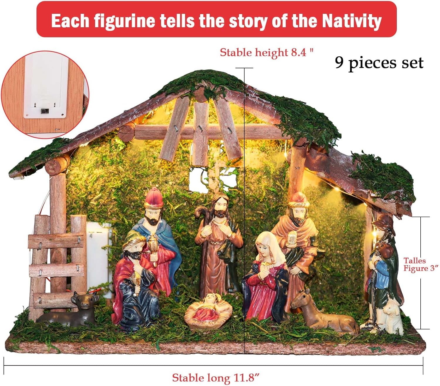 Condition photo showing New/Like New for nativity sets for christmas indoor with led light the real life naticity scene 10-piece christmas nativity set with resin nativity figures and wooden stable