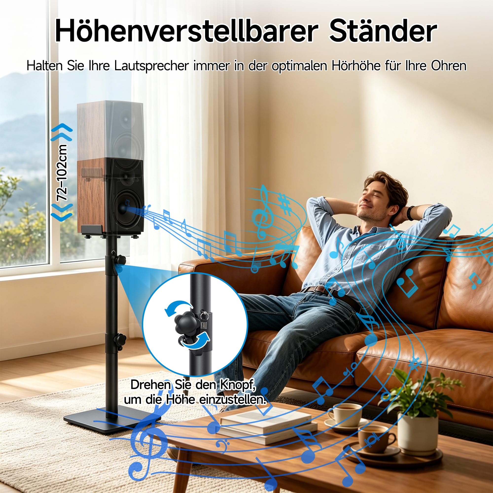 Lautsprecherständer 72-102CM Höhenverstellbarer, Universal, Schwarz | Boxenständer,mit Kabelmanagementsystem,Bodenlautsprecherständer,Kompatibel mit Einer Vielzahl von Lautsprechermodellen,Metall