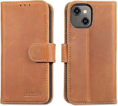 LENSUN Echtleder Hülle für iPhone 13 Mini, Handyhülle [Echtes Leder] [Standfunktion] [RFID Schutz] Handytasche Flip Cover Lederhülle für iPhone 13 Mini - Vintage Braun