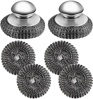 2Pcs Stainless Steel Wool Scrubber with Handle, 4 Replacement Steel Scrubber Wool Pads，Stainless Steel Scrubber for Cleaning Cast Iron, Dishes, Kitchen Pots, Pans, Grills, Stoves, Sink