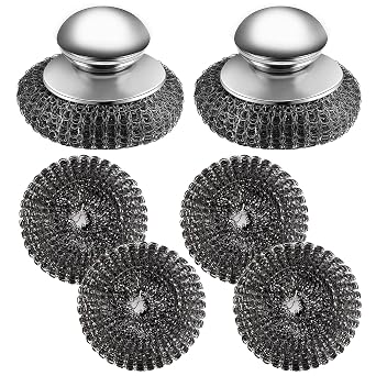 2Pcs Stainless Steel Wool Scrubber with Handle, 4 Replacement Steel Scrubber Wool Pads,Stainless Steel Scrubber for Cleaning Cast Iron, Dishes, Kitchen Pots, Pans, Grills, Stoves, Sink