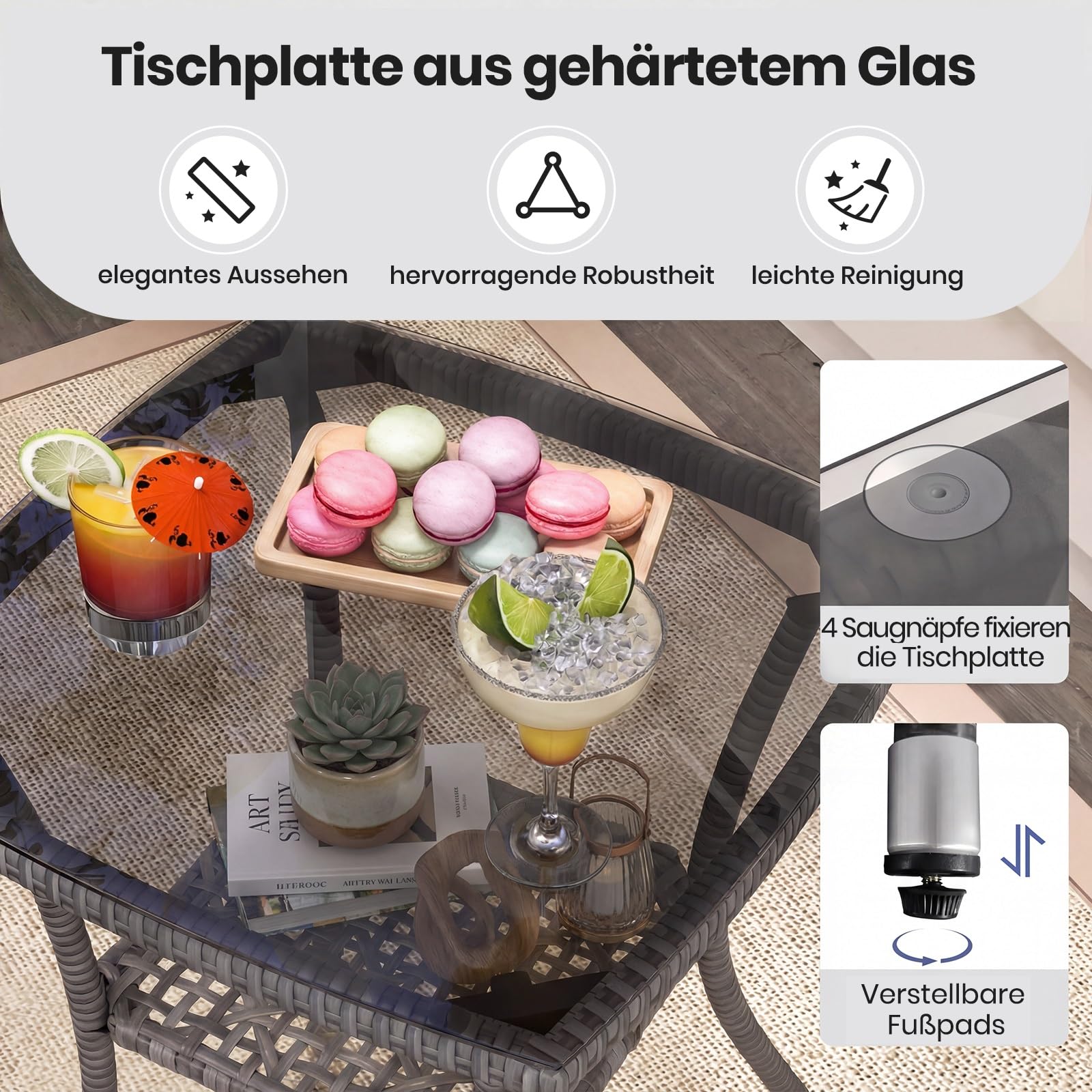 GIANTEX Set Mobili da Balcone 3 Pezzi, Tavolo e 2 Sedie in Rattan con Cuscini