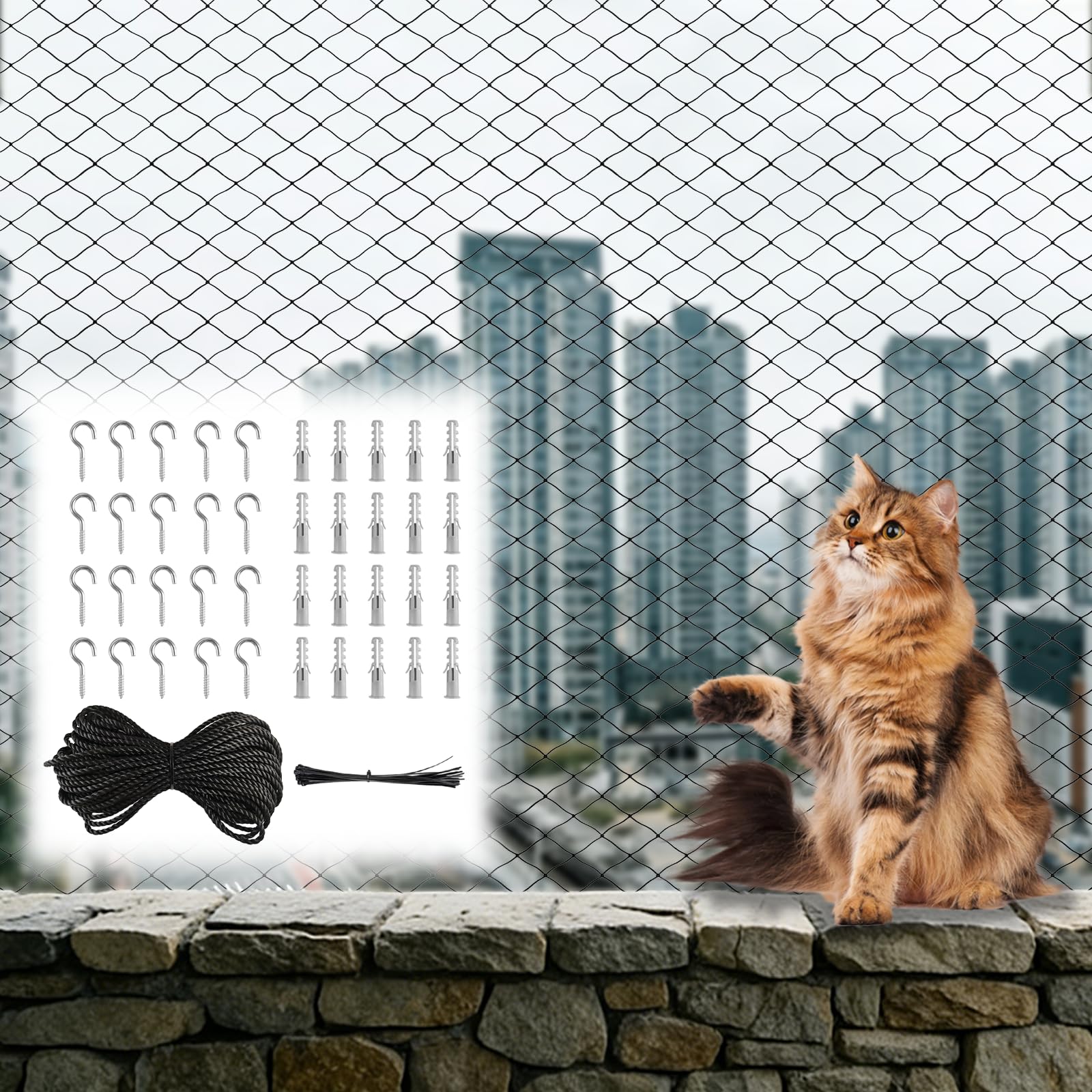 Katzennetz für Balkon, 8x3m Katzenschutznetz Schwarz mit Befestigungsseil und Zubehör, Balkonnetz für Katzen Katzenschutznetz für Escaliers, Fenêtres, Terrasses