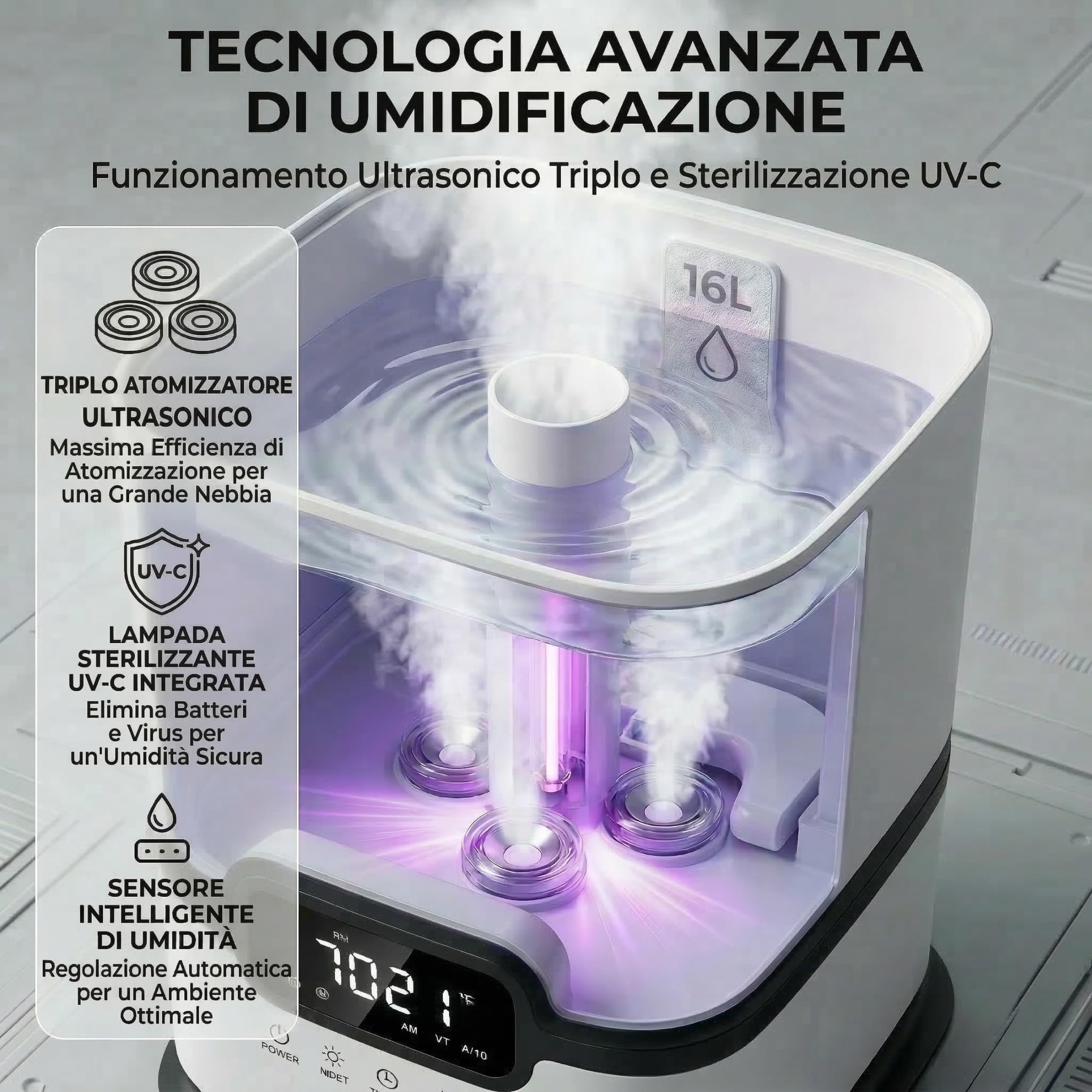 LUMS Umidificatore industriale da 16 l, grande capacità, controllo intelligente dell'umidità, timer e riempimento superiore, atomizzatori a 3 core, portatile, ideale per uffici e grandi spazi