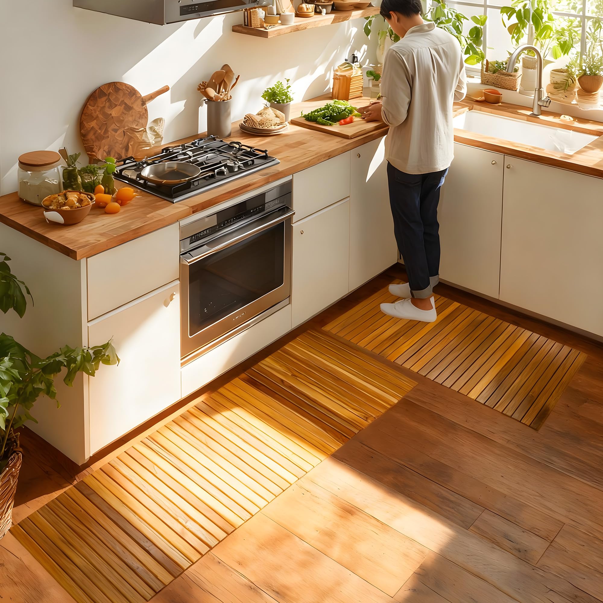 Utoplike Tappetino da cucina in teak ，con retro in gomma antiscivolo | Tappetini in legno arrotolabili per stare in piedi sul lavello, sul piano cottura o sul bancone, per l'ingresso