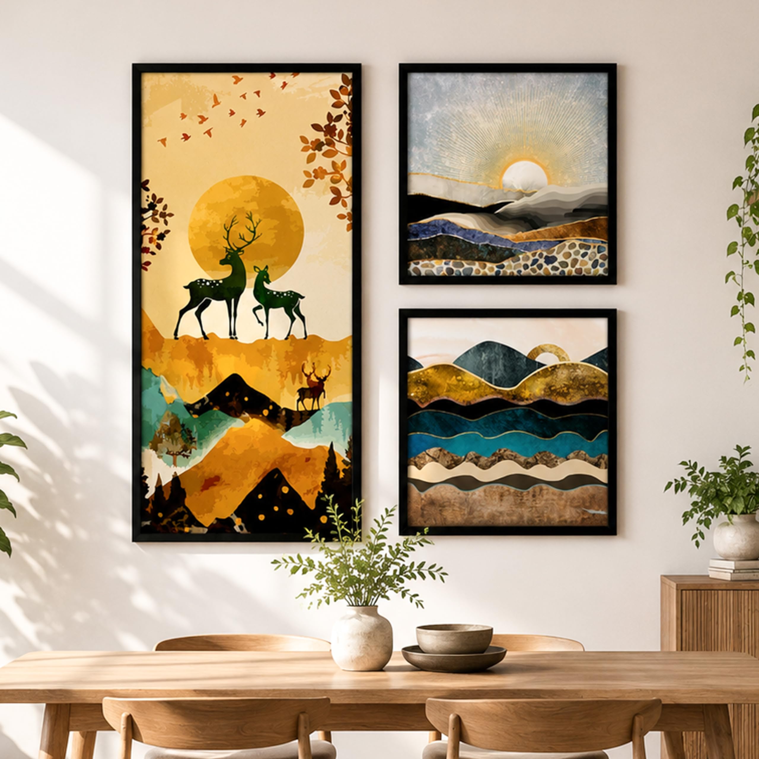 Landscape Deer Art Prints - Set of 3 Framed Wall Decor -1