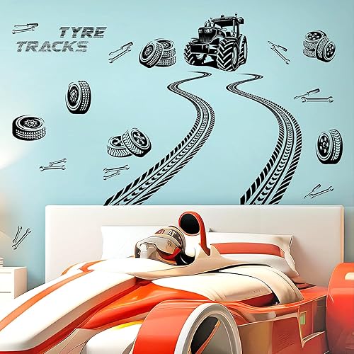 Miniatura 6 de Calcomanías de pared para pista de neumáticos, calcomanías de pared de tractor, calcomanías de pared para vehículos, camiones, calcomanías de banda