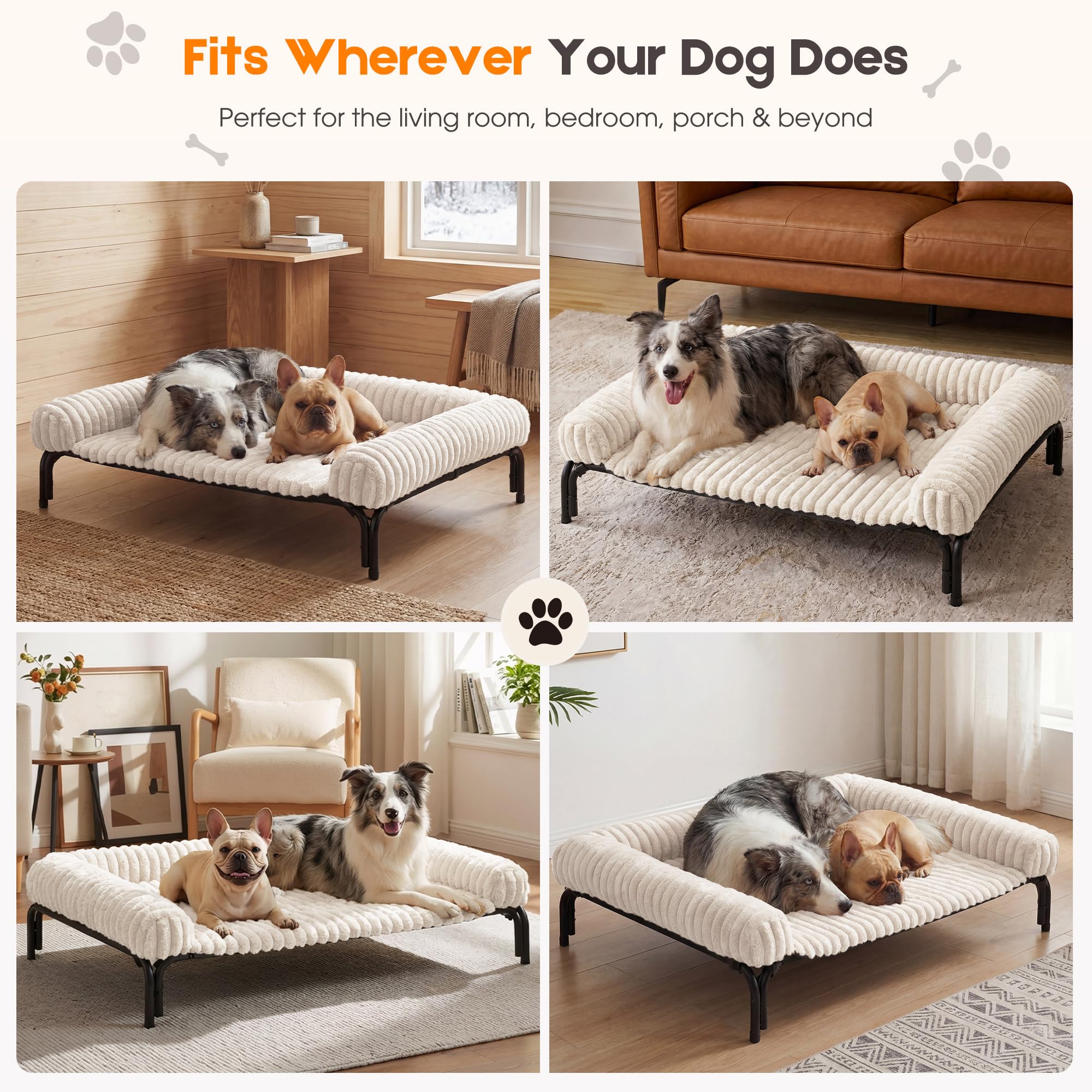 Elevated Dog Bed with Removable Fluffy Pillow Cushion, Raised Pet Cot Washable Bolster, Dog Couch Sofa, Anti Slip Feet, Cream, 43"×32" - image 7
