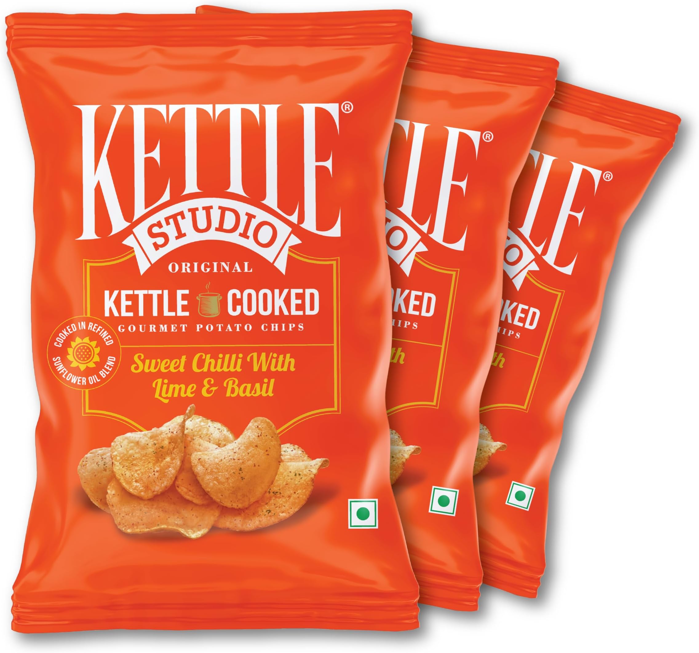 Kettle-Cooked Potato Chips Sweet Chilli with Lime & Basil | Crunchy, Thick Cut, Gluten-Free Snack | Spicy & Tangy Potato Chips | Party Snack | 120g Pack of 3