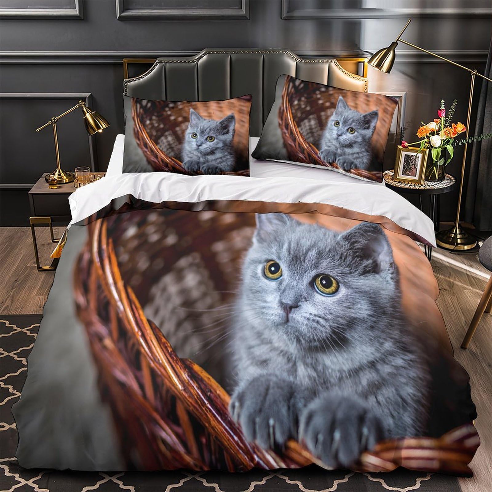 MMDASBVPE Gray Kitten Duvet Cover 3D Design Printed Machine Washable 3 Pieces Bedding Set Zipper Quilt Cover Hotel Quality Hypoallergenic for Adults Kids Women Teens Youth Super king（260x220cm）