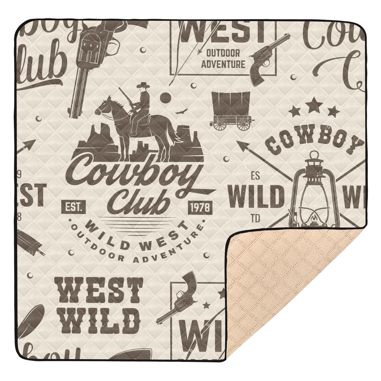 WIFIU Baby Play Mat Playpen Mat Western Cowboy Club Printed, Baby Crawling Mat with Non-Slip Bottom West Wild Foldable Playmat 50x50in for Indoor Outdoor