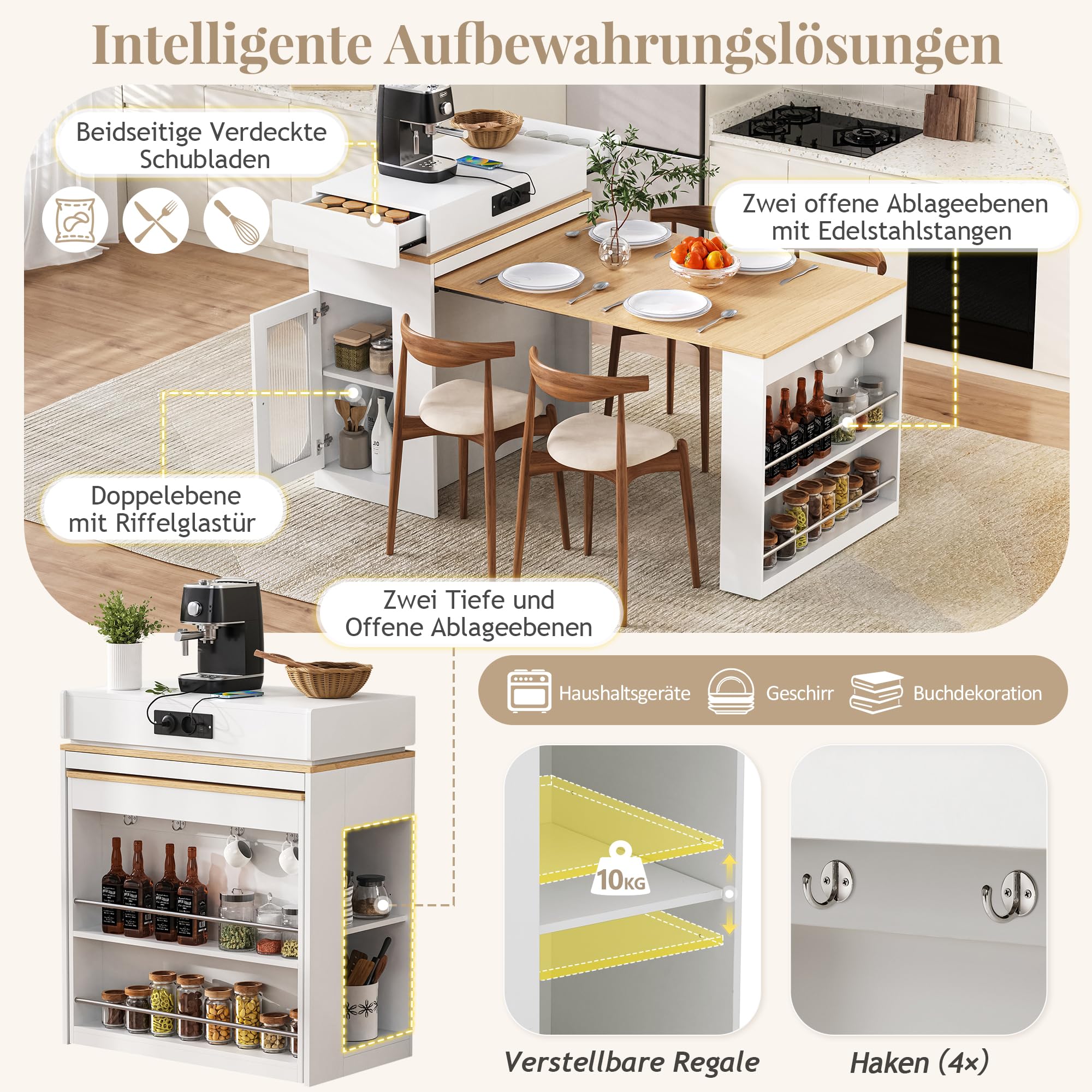 Bladez Isla de cocina moderna con mesa extensible y enchufes, isla de cocina con espacio de almacenamiento, armario de cristal y ganchos, mesa de bar multifuncional o aparador para cocina y comedor