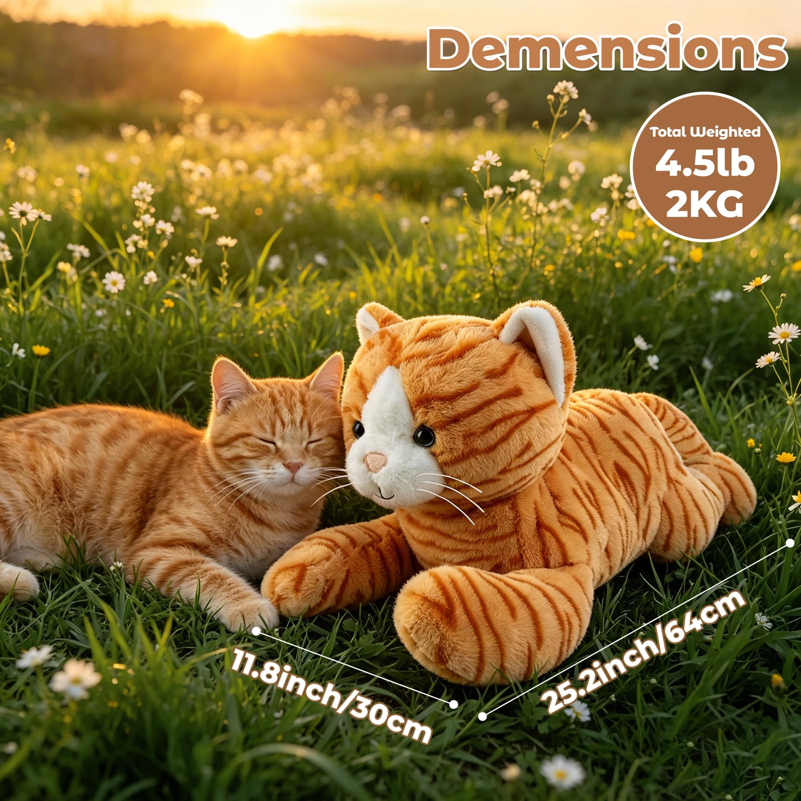 Animales de peluche con peso de gato de 25 pulgadas y 4.4 libras para mayor comodidad, almohadas de peluche suaves para niños, peluches grandes con bolsa de cerámica extraíble, regalos para adultos,