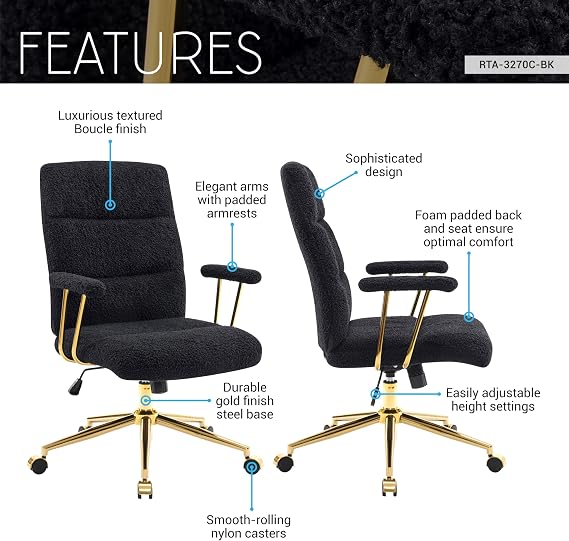 Techni Mobili Boucle Office Chair, Adjustable Desk Chair, Black & Gold