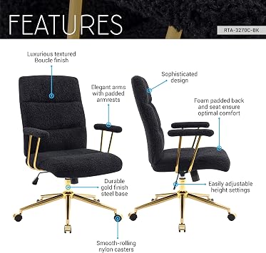 Techni Mobili Boucle Office Chair, Adjustable Desk Chair, Black & Gold