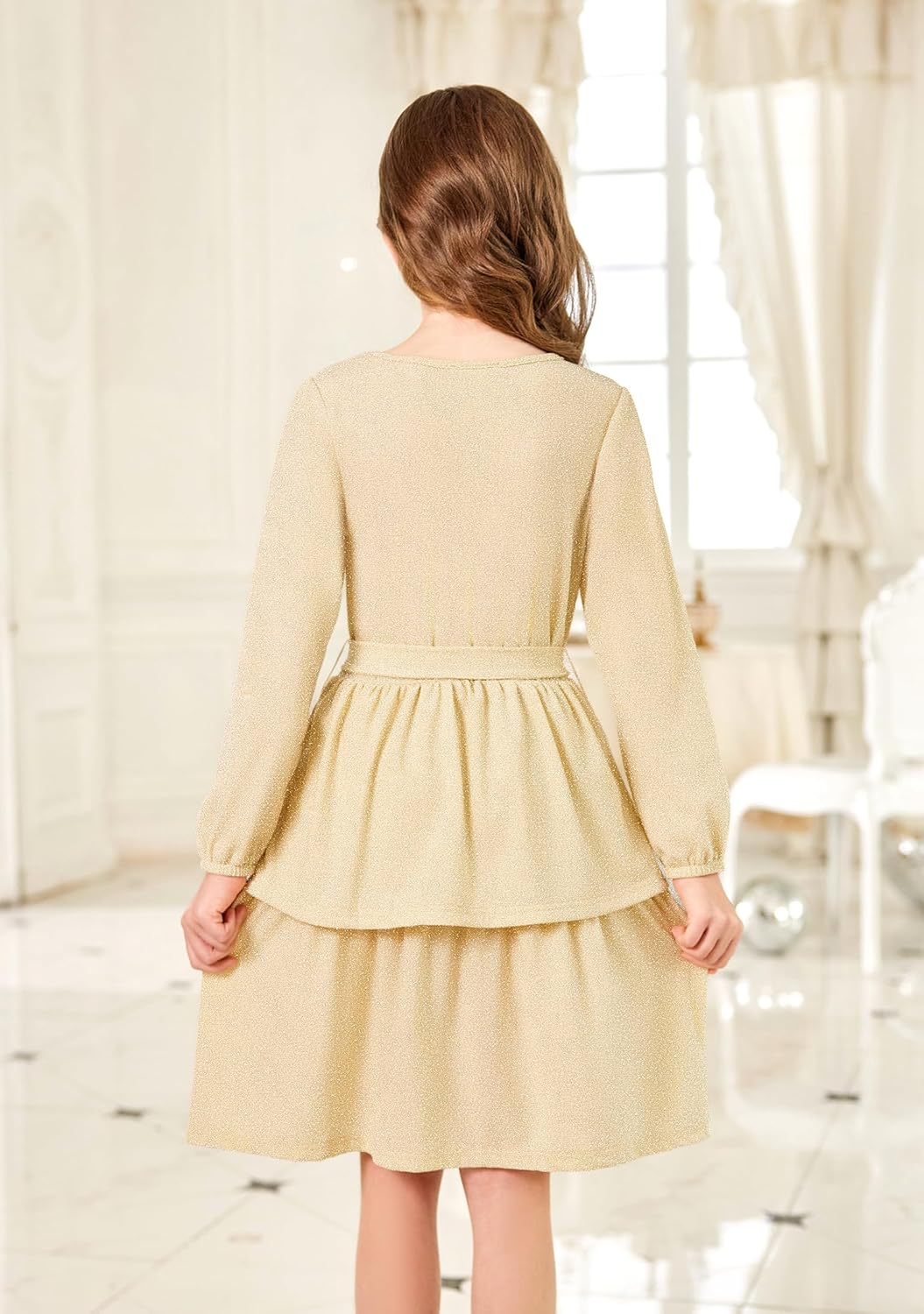 Arshiner Girls Dress Fall Sparkly Glitter Puff Sleeves Layer Party Dresses with Belt - Image 5