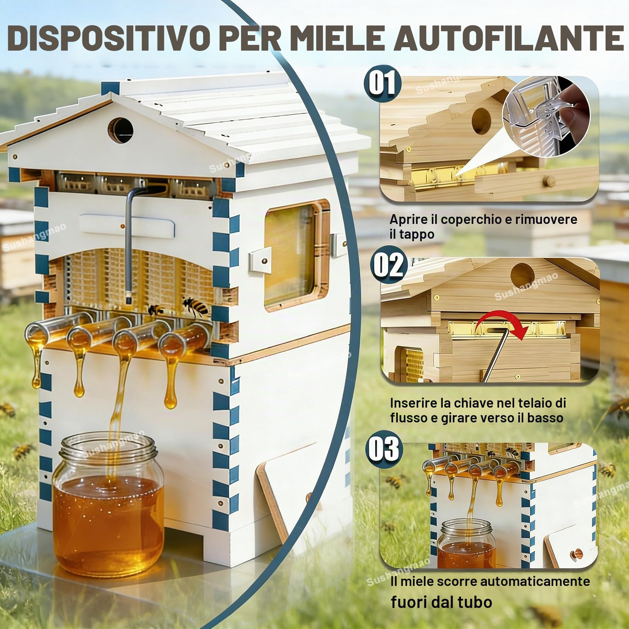 Kit per Arnia Automatica in Legno, 4/7 Telaini A Flusso Automatico con Finestra di Osservazione, Arnia Automatica per Api da Miele in Legno di Abete Resistente Rivestito di Cera 4frame