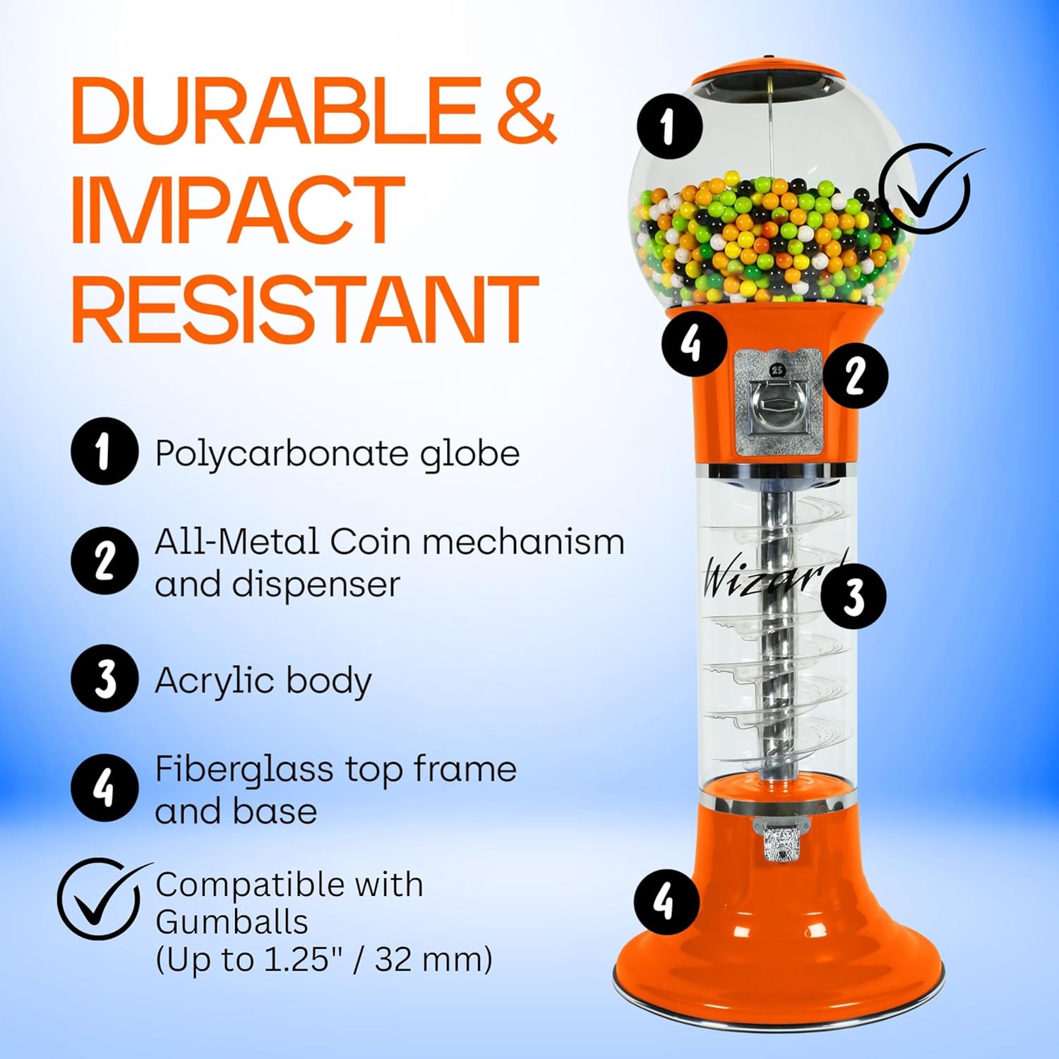 Gumball Machine Original Spiral - 4`10" Height - Set Up for $0.25 - Dispenses 1” Gumballs - Spin & Drop Vending Machines for Kids - Bubble Gum Machine - Orange