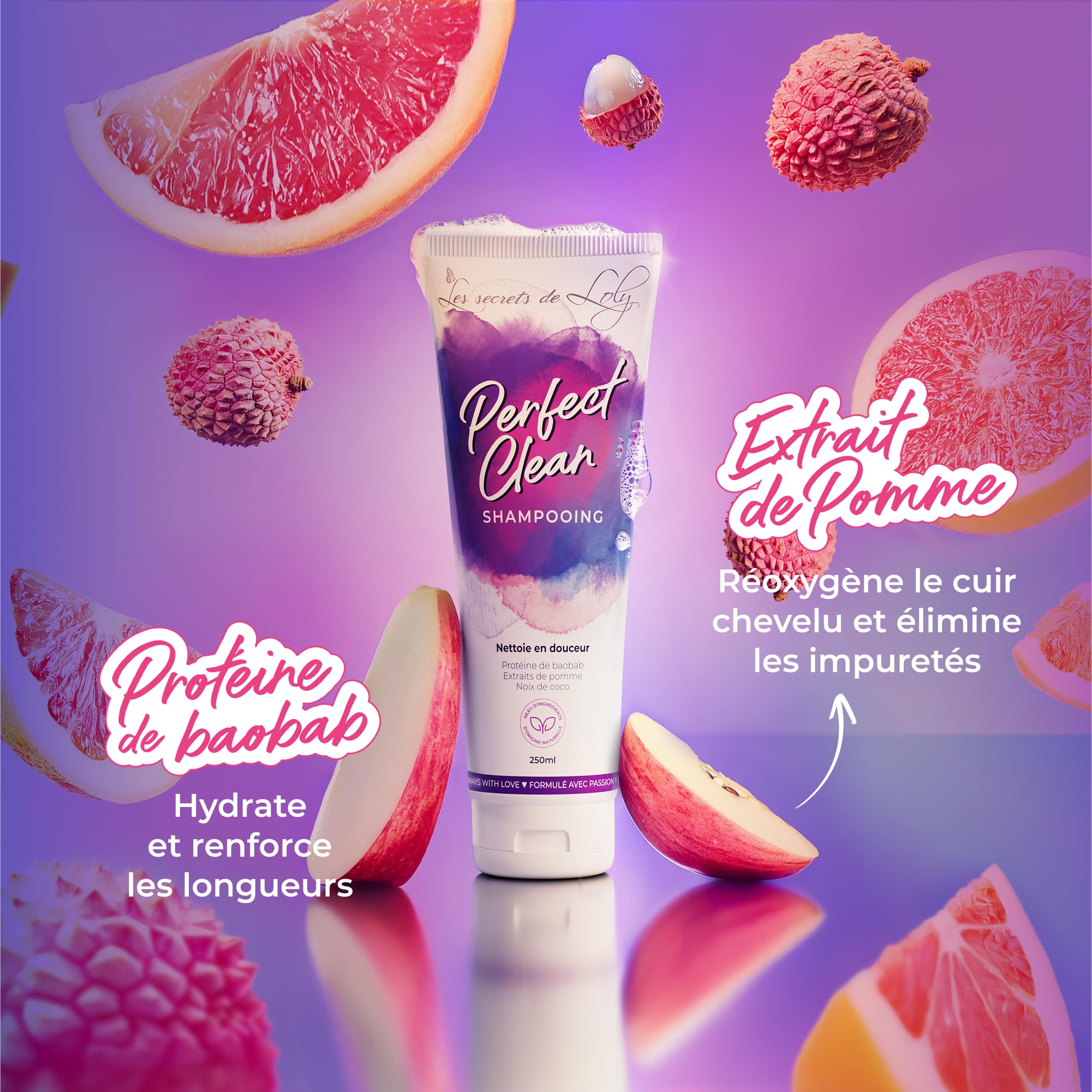 Les Secrets de Loly – Perfect Clean – Shampooing sans sulfate Hydratant & fortifiant – Cheveux ondulés, bouclés, frisés et crépus – 96% ingrédients d'origine naturelle – 250 ml